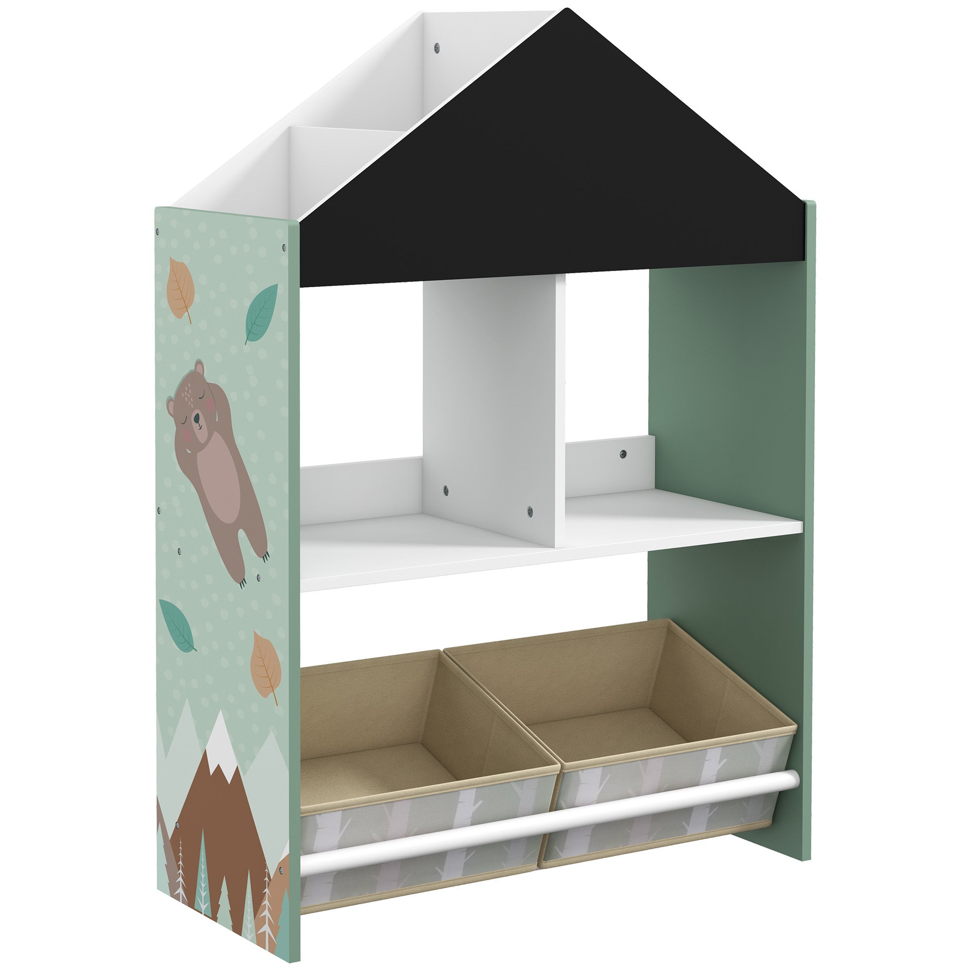 ZONEKIZ Toy Shelf Children's Organizer with Paintable Chalkboard Open Shelves and 2 Removable Non-Woven Fabric Boxes for Playroom Nursery Room 62.4x26.5x90 cm Green