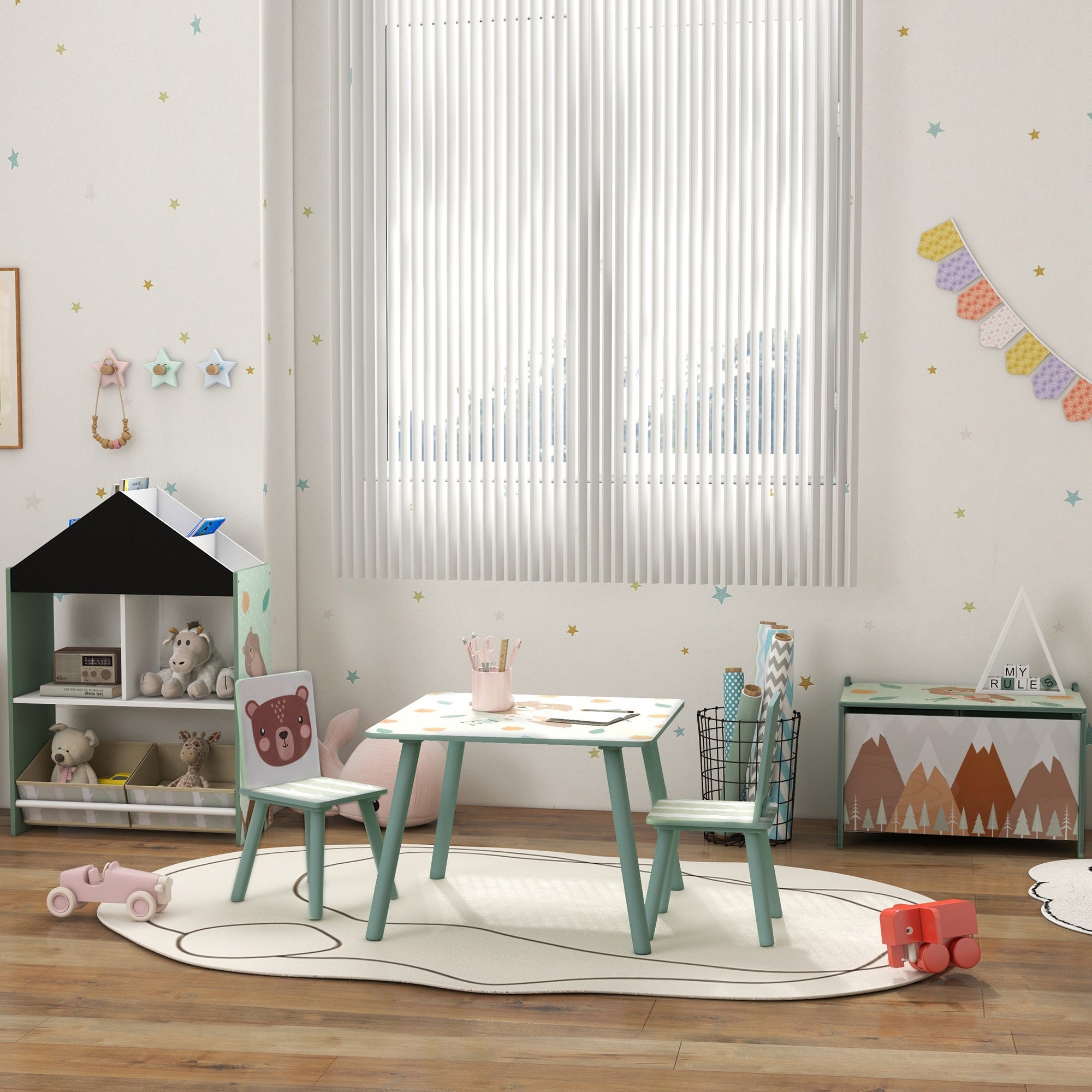 ZONEKIZ Toy Shelf Children's Organizer with Paintable Chalkboard Open Shelves and 2 Removable Non-Woven Fabric Boxes for Playroom Nursery Room 62.4x26.5x90 cm Green