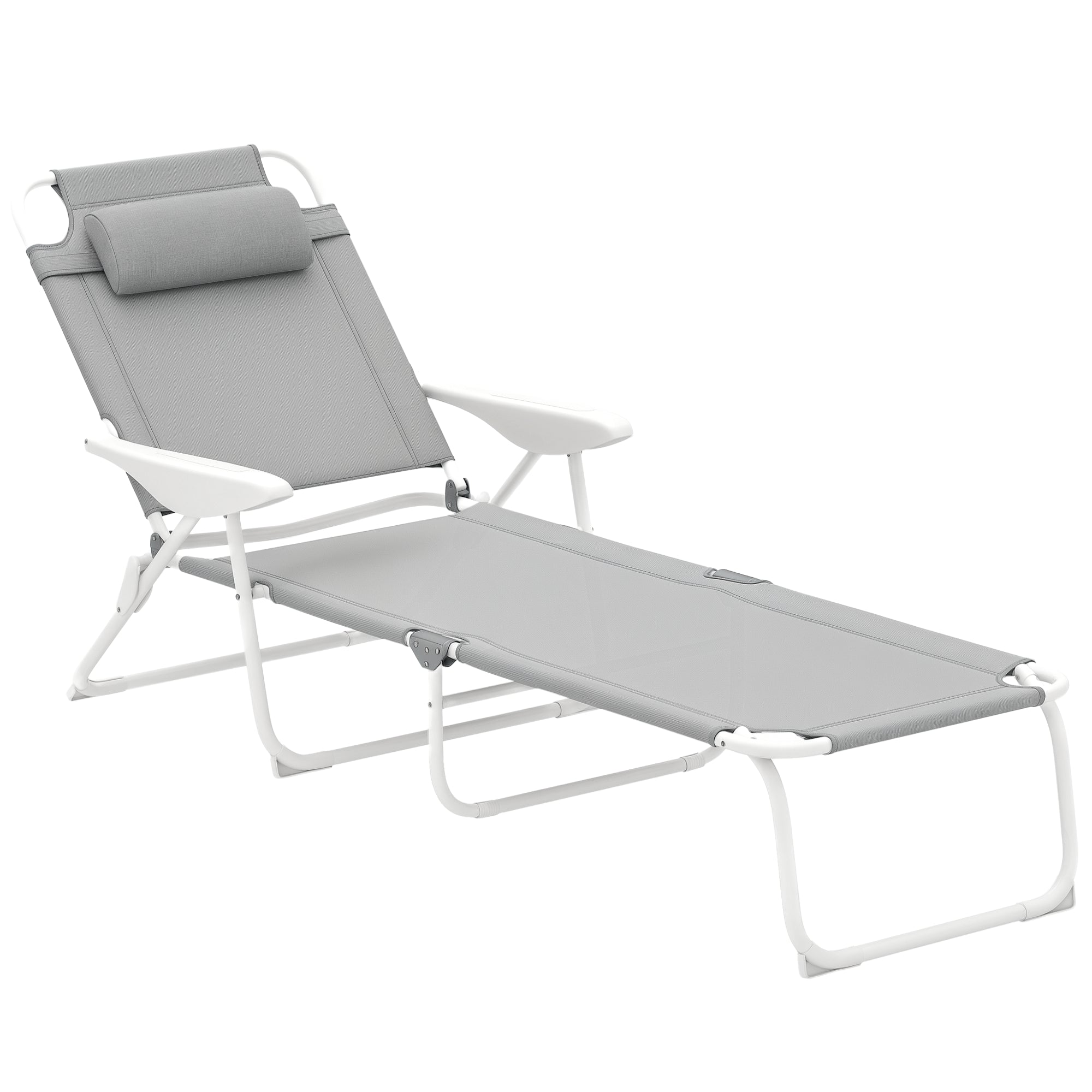 Folding Sun Lounger Garden Chair with Pillow, Reclining Chair with 4-Fold Adjustable Backrest, Weatherproof Camping Chair, Garden Chair Holds up to 120 kg, for Garden Outdoor Beach Light Gray