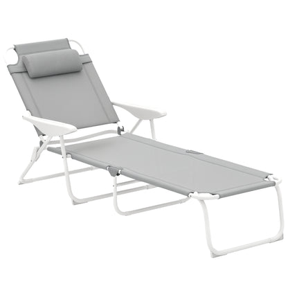 Folding Sun Lounger Garden Chair with Pillow, Reclining Chair with 4-Fold Adjustable Backrest, Weatherproof Camping Chair, Garden Chair Holds up to 120 kg, for Garden Outdoor Beach Light Gray