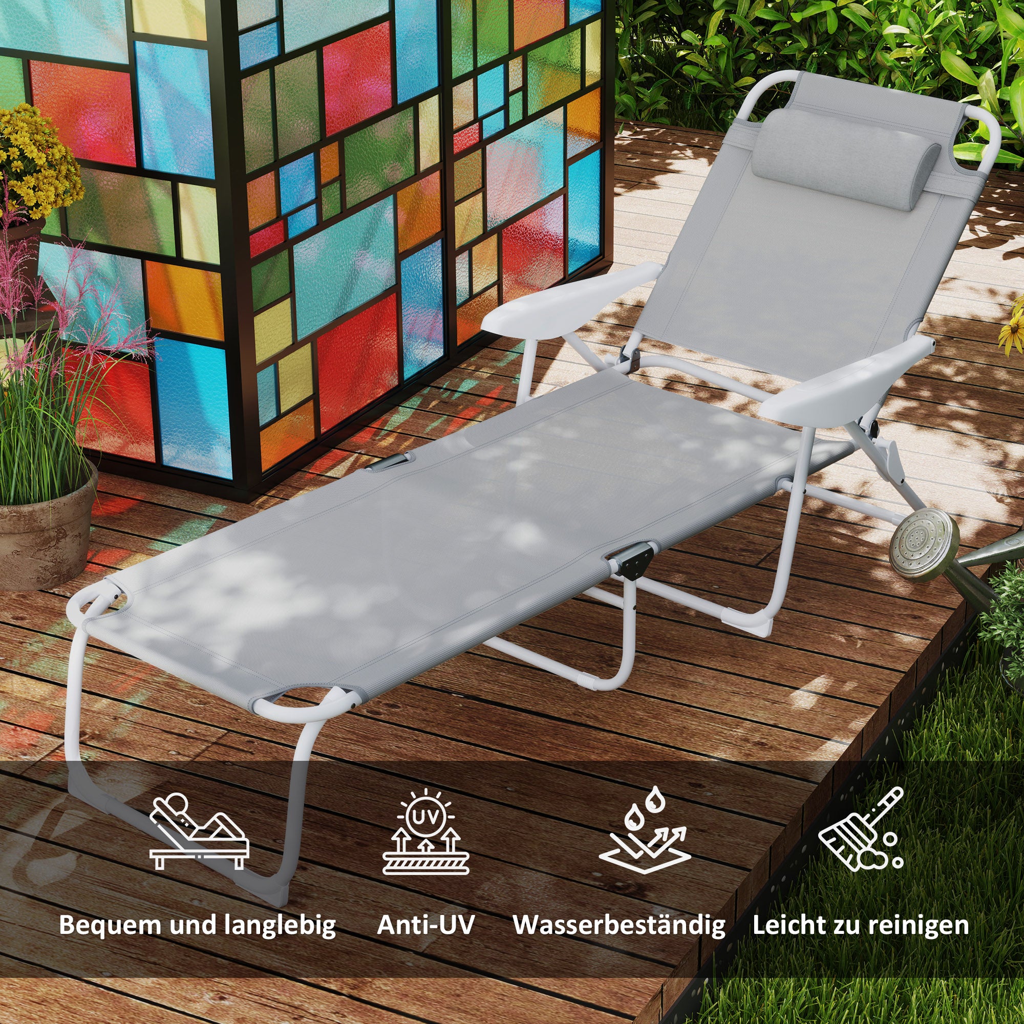Folding Sun Lounger Garden Chair with Pillow, Reclining Chair with 4-Fold Adjustable Backrest, Weatherproof Camping Chair, Garden Chair Holds up to 120 kg, for Garden Outdoor Beach Light Gray