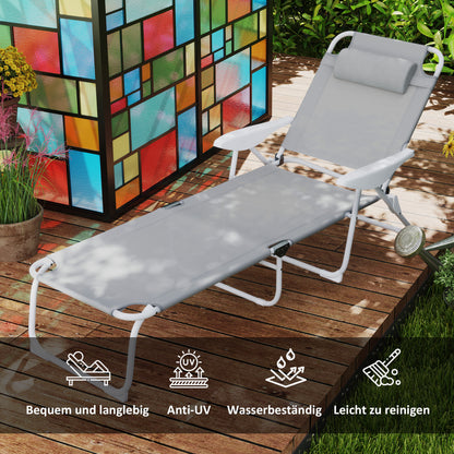 Folding Sun Lounger Garden Chair with Pillow, Reclining Chair with 4-Fold Adjustable Backrest, Weatherproof Camping Chair, Garden Chair Holds up to 120 kg, for Garden Outdoor Beach Light Gray