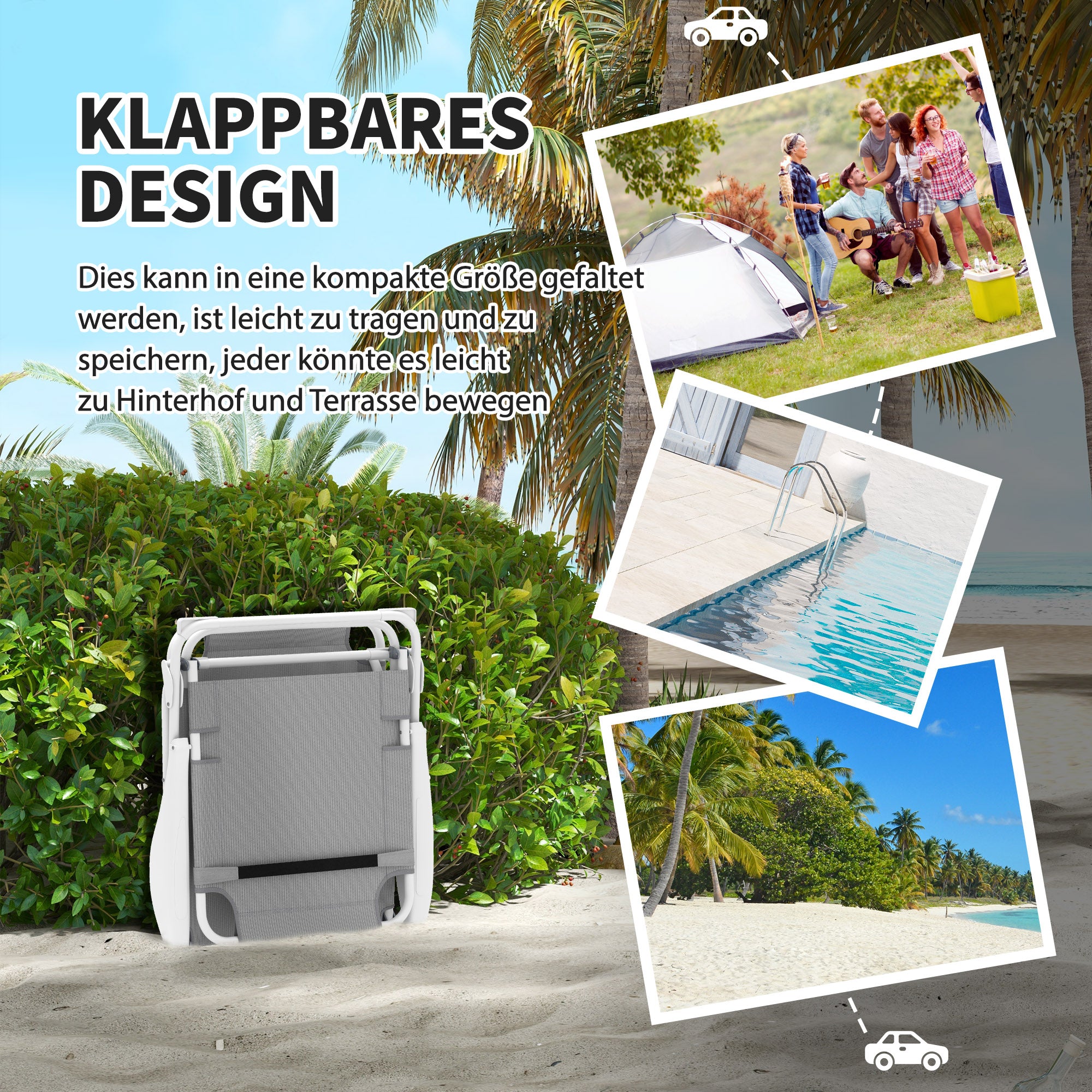 Folding Sun Lounger Garden Chair with Pillow, Reclining Chair with 4-Fold Adjustable Backrest, Weatherproof Camping Chair, Garden Chair Holds up to 120 kg, for Garden Outdoor Beach Light Gray