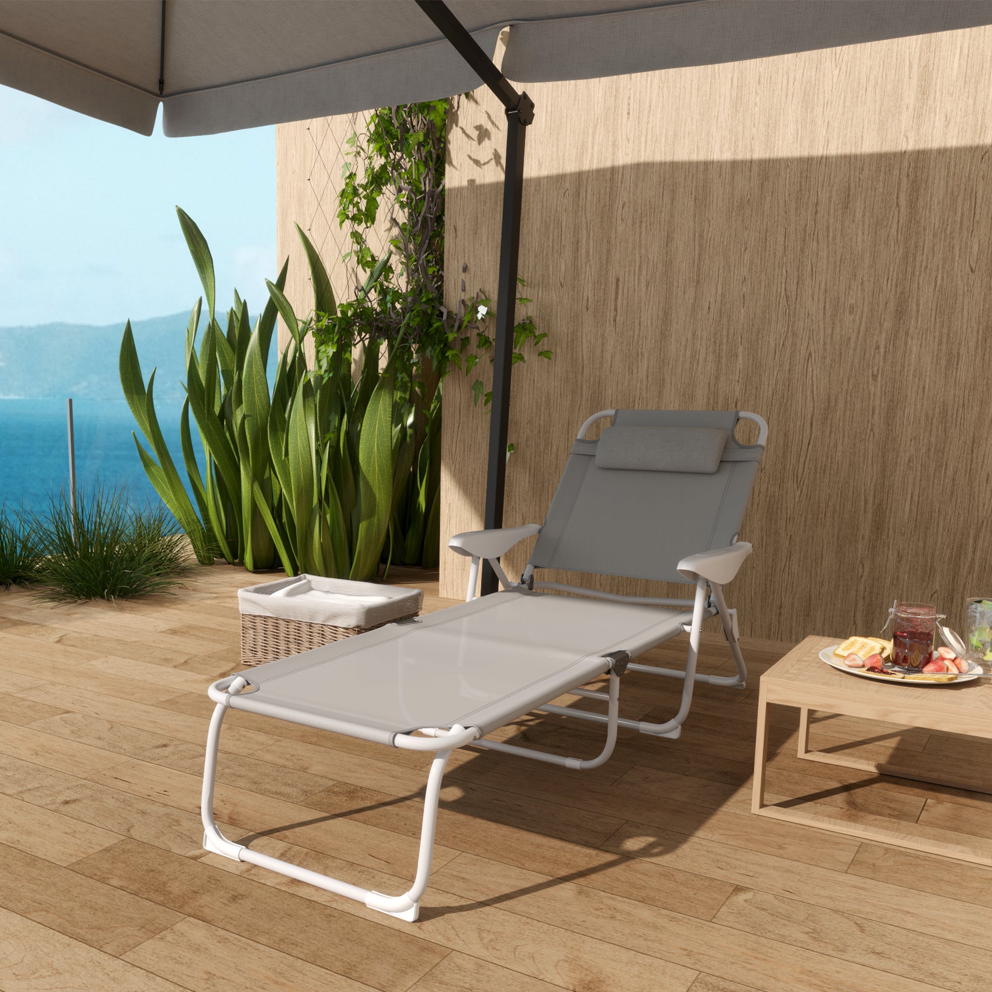 Folding Sun Lounger Garden Chair with Pillow, Reclining Chair with 4-Fold Adjustable Backrest, Weatherproof Camping Chair, Garden Chair Holds up to 120 kg, for Garden Outdoor Beach Light Gray
