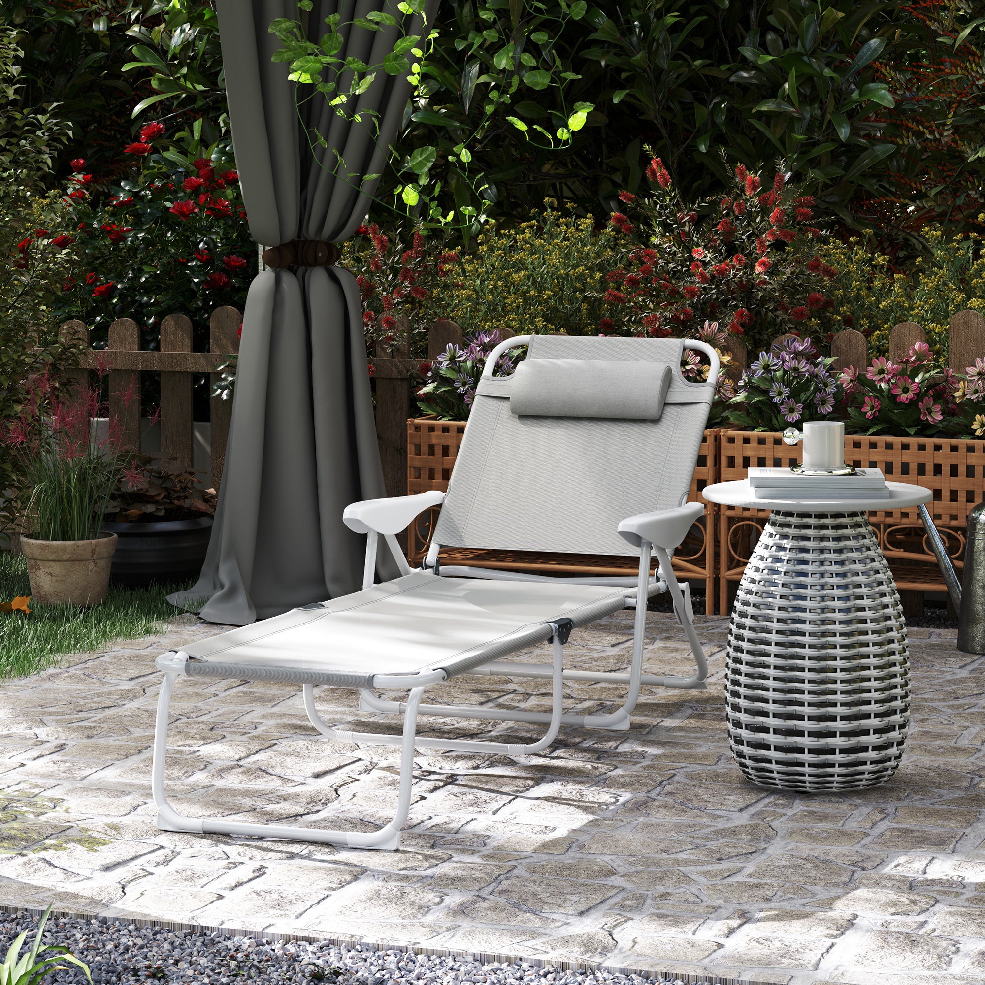 Folding Sun Lounger Garden Chair with Pillow, Reclining Chair with 4-Fold Adjustable Backrest, Weatherproof Camping Chair, Garden Chair Holds up to 120 kg, for Garden Outdoor Beach Light Gray