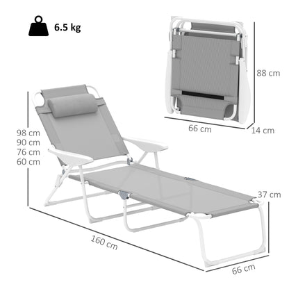 Folding Sun Lounger Garden Chair with Pillow, Reclining Chair with 4-Fold Adjustable Backrest, Weatherproof Camping Chair, Garden Chair Holds up to 120 kg, for Garden Outdoor Beach Light Gray