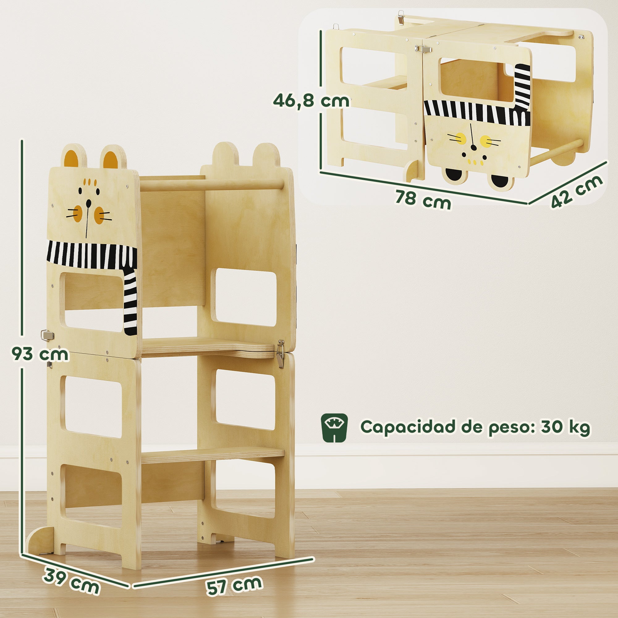3-in-1 Foldable Learning Tower — Convertible to Desk & Chair, Learning Stool for 2–5-Year-Olds with Chalkboard, Cat Prints, for Bathroom & Kitchen, Natural