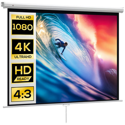 84-Inch Projector Screen Fabric Manual Projector Screen 4:3 Format 4K Projection Screen Wall or Ceiling Mount for Home Office Indoor and Outdoor Cinema White