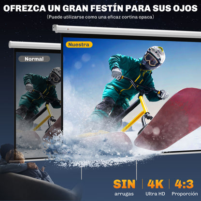 84-Inch Projector Screen Fabric Manual Projector Screen 4:3 Format 4K Projection Screen Wall or Ceiling Mount for Home Office Indoor and Outdoor Cinema White