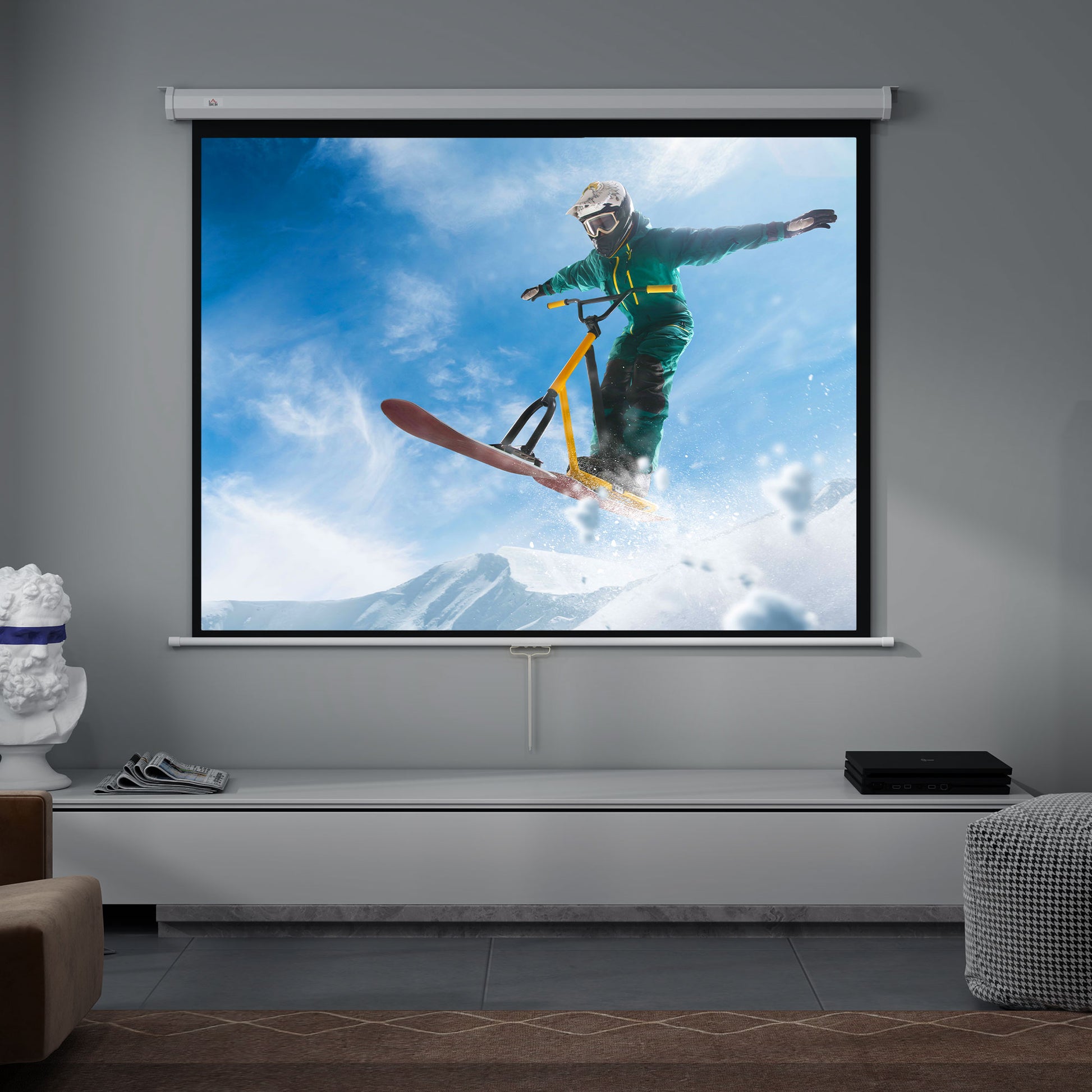 84-Inch Projector Screen Fabric Manual Projector Screen 4:3 Format 4K Projection Screen Wall or Ceiling Mount for Home Office Indoor and Outdoor Cinema White