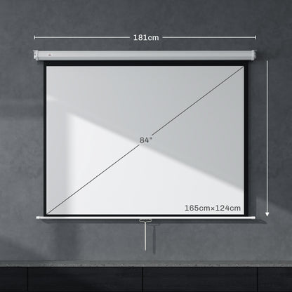 84-Inch Projector Screen Fabric Manual Projector Screen 4:3 Format 4K Projection Screen Wall or Ceiling Mount for Home Office Indoor and Outdoor Cinema White