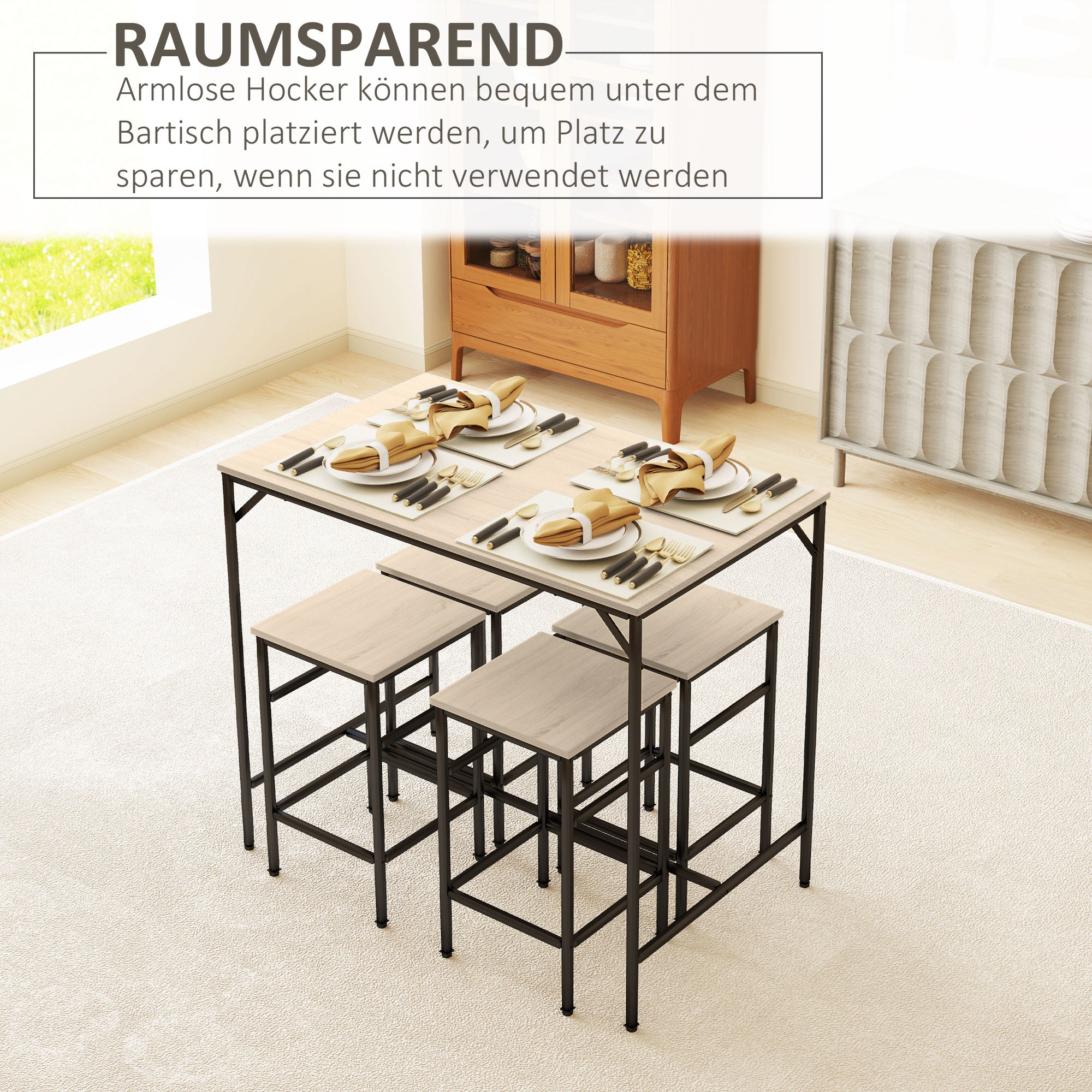 5-Piece Bar Table Set Bar Table with Bar Stool Set Dining Table with 4 Chairs Kitchen Table for Dining Room, Kitchen, Oak+Black