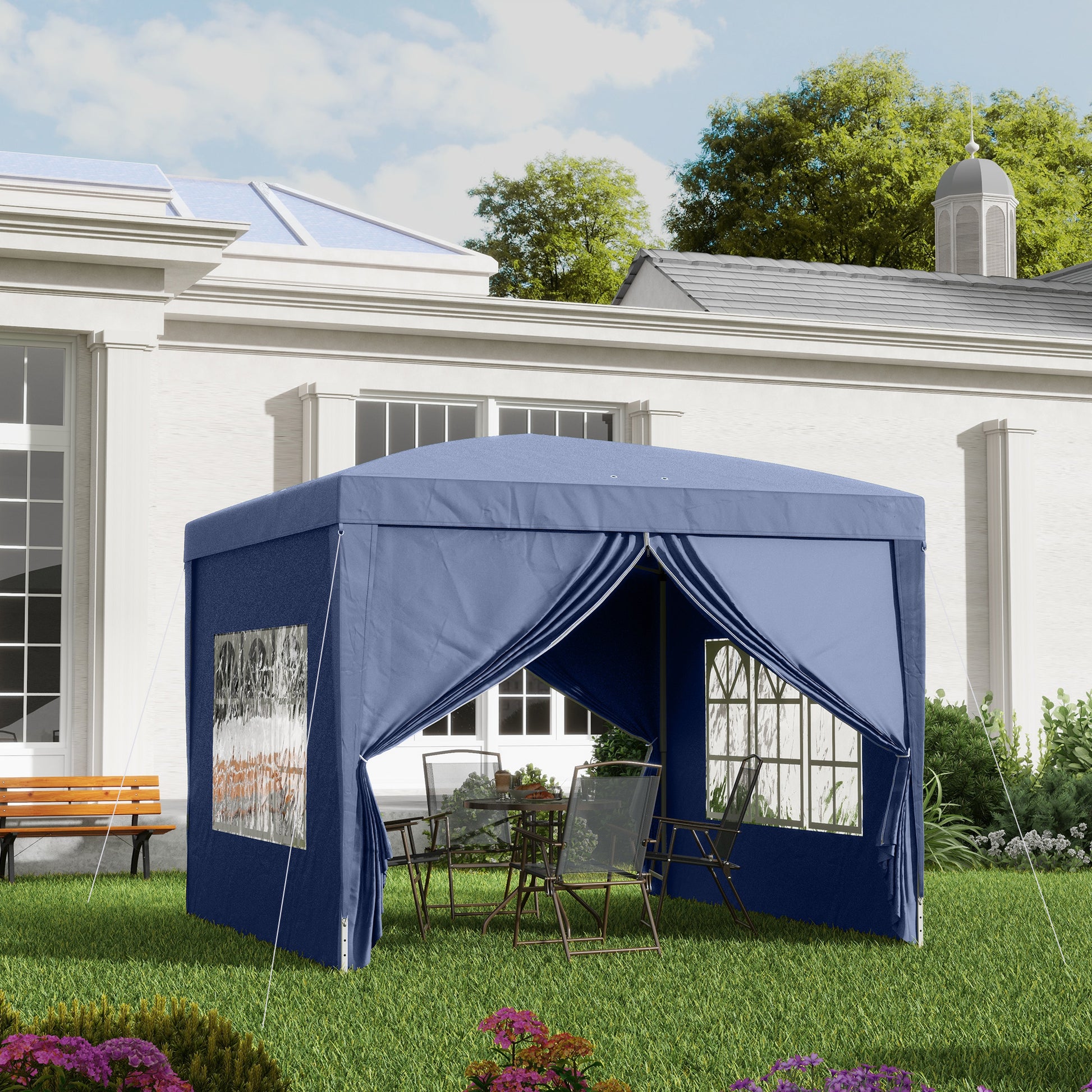Pavilion approx. 3x3m, Water-Resistant Stable Winterproof Pop-up Folding Pavilion, UV Protection 50+, Foldable Party Tent Garden Tent with 4 Sidewalls Pocket Garden Pavilion for Camping Garden, Blue