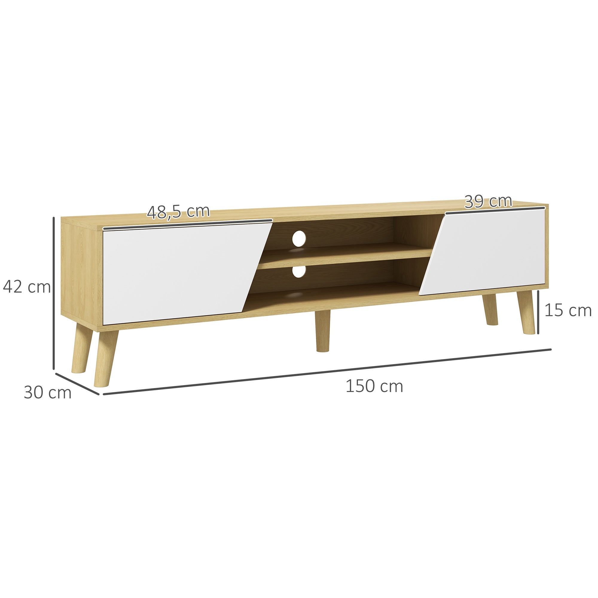 TV Stand Entertainment Center TV Cabinet with 2 Doors 2 Shelves and 5 Wood Legs for TVs up to 65 Inches 150x30x42 cm Oak