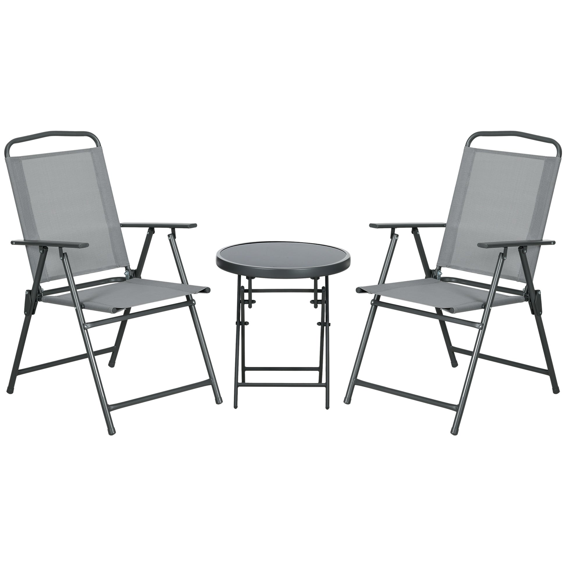 3-Piece Metal Bistro Set Weatherproof Garden Furniture Set with Folding Glass Table Outdoor Chairs Balcony Furniture Set Seating Group Balcony Set Garden Set Light Gray