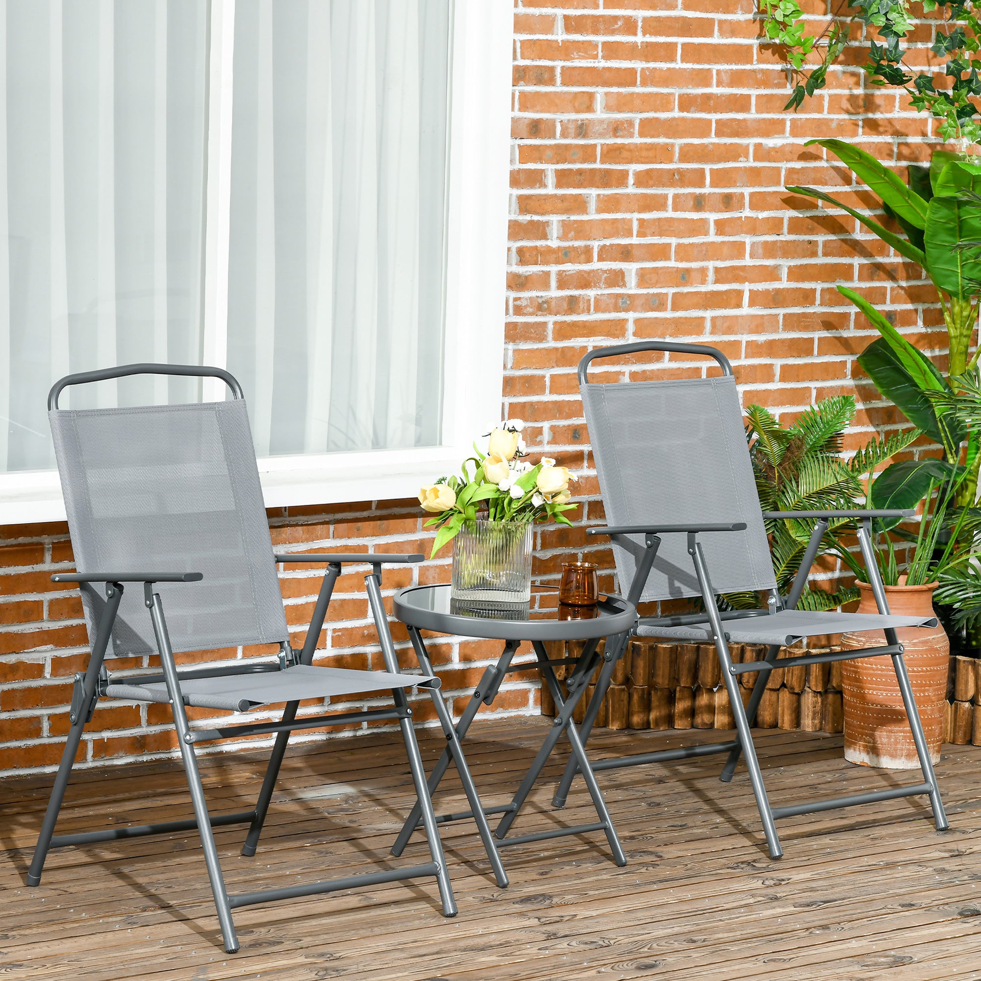 3-Piece Metal Bistro Set Weatherproof Garden Furniture Set with Folding Glass Table Outdoor Chairs Balcony Furniture Set Seating Group Balcony Set Garden Set Light Gray