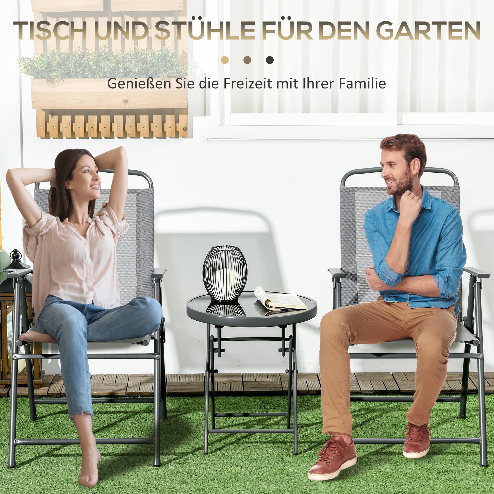 3-Piece Metal Bistro Set Weatherproof Garden Furniture Set with Folding Glass Table Outdoor Chairs Balcony Furniture Set Seating Group Balcony Set Garden Set Light Gray
