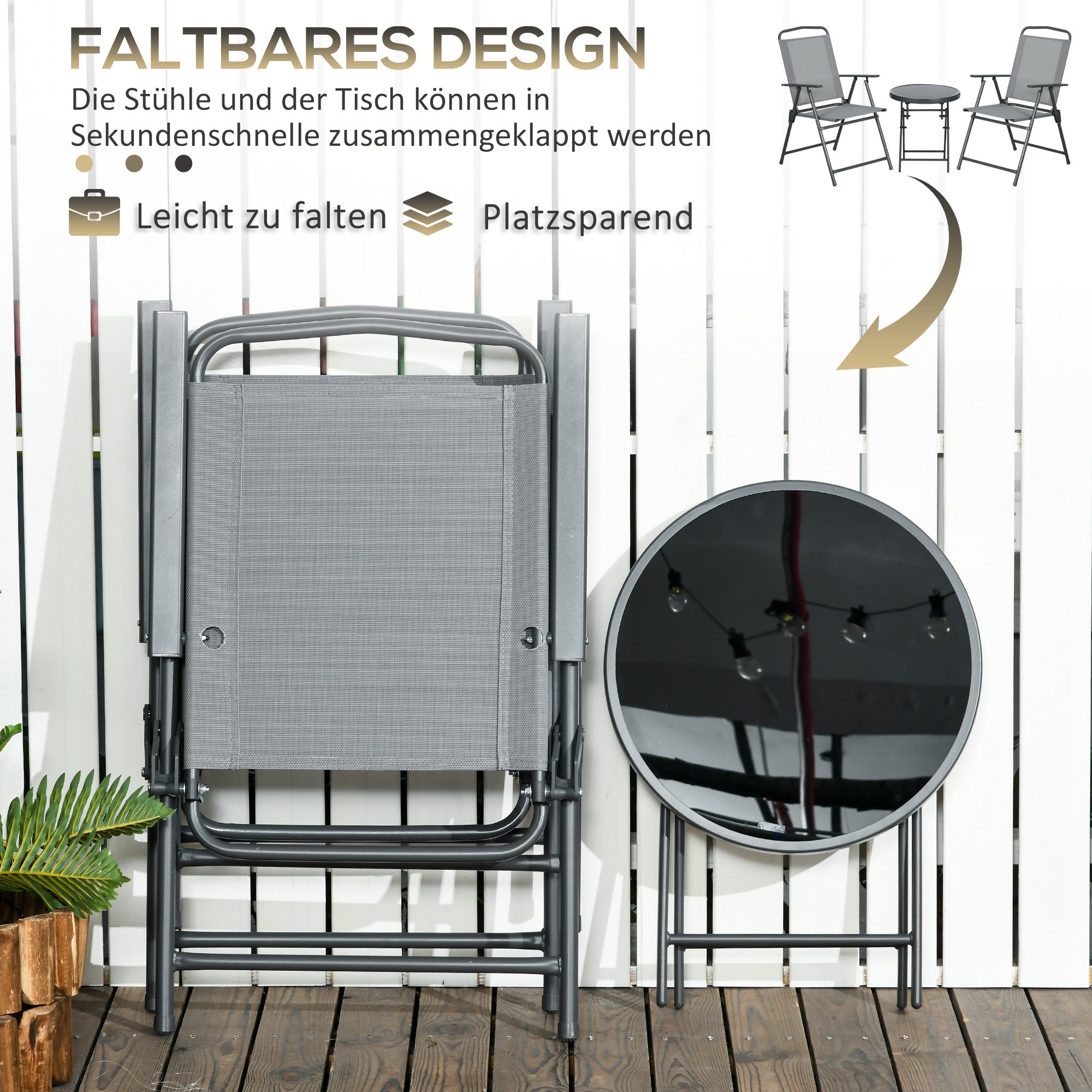 3-Piece Metal Bistro Set Weatherproof Garden Furniture Set with Folding Glass Table Outdoor Chairs Balcony Furniture Set Seating Group Balcony Set Garden Set Light Gray