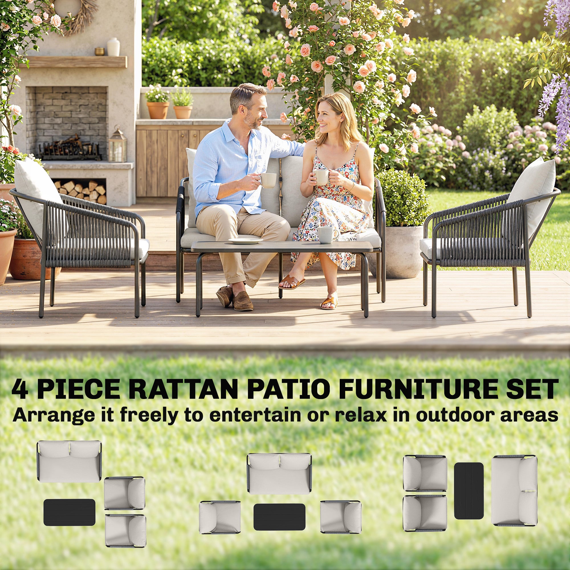 4-Piece Polyrattan Outdoor Lounge Set – 2-Seater Sofa, 2 Armchairs & Coffee Table with Removable Cushions, Steel Frame – Khaki
