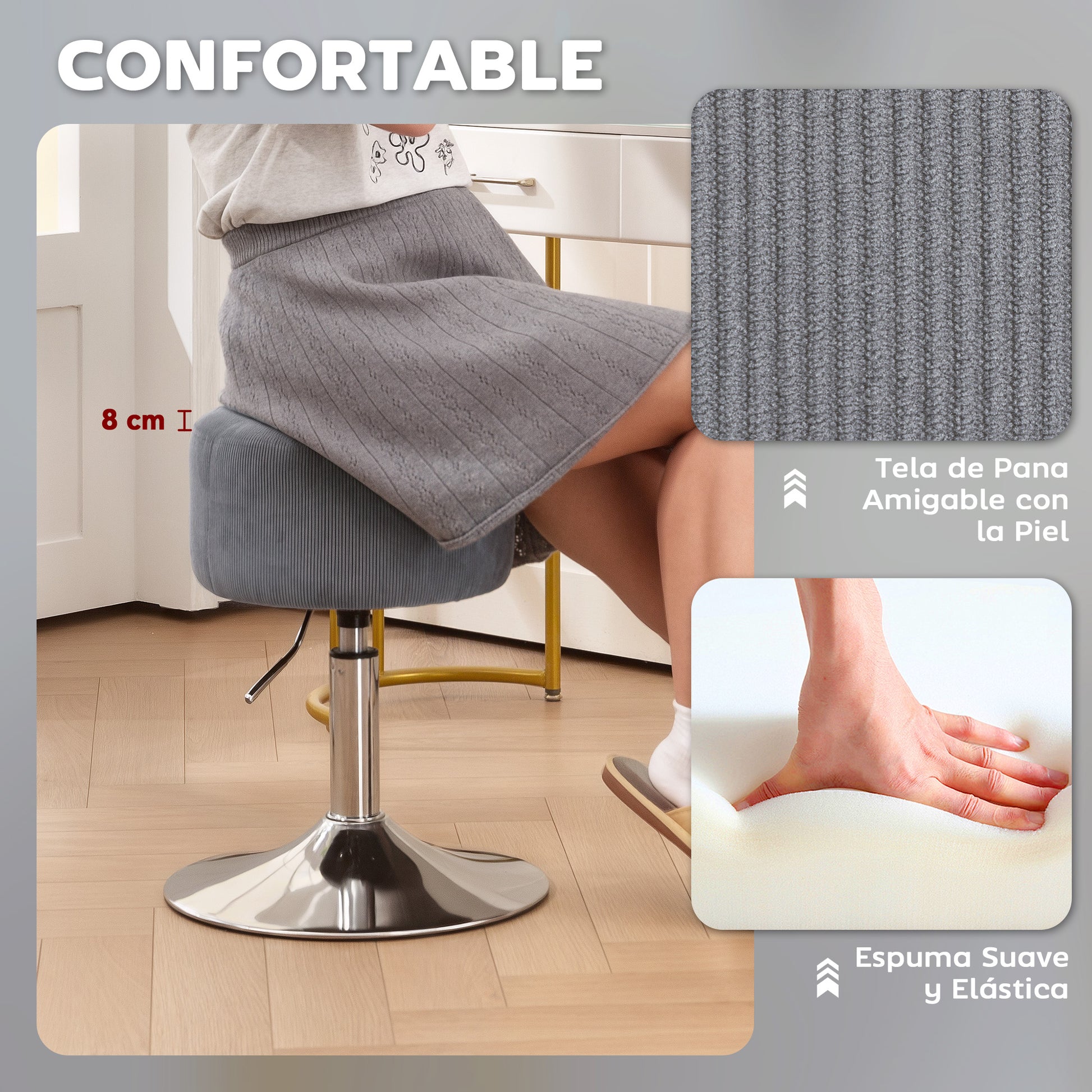 Bar Stool High Kitchen Stool Adjustable in Height 52-66 cm Upholstered in Velvet 360° Swivel for Dining Room Dressing Table Counter Gray