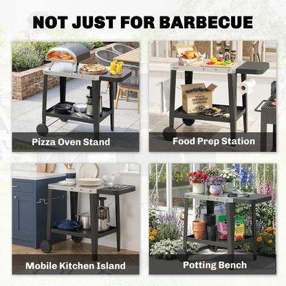 Stainless Steel Kitchen & BBQ Cart with Wheels, Foldable Side Table, Paper Towel & Towel Holder, Hooks — Black (45.3" x 26.6" x 31.7")