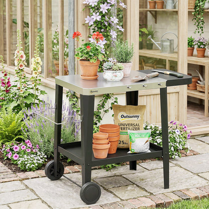 Stainless Steel Kitchen & BBQ Cart with Wheels, Foldable Side Table, Paper Towel & Towel Holder, Hooks — Black (45.3" x 26.6" x 31.7")