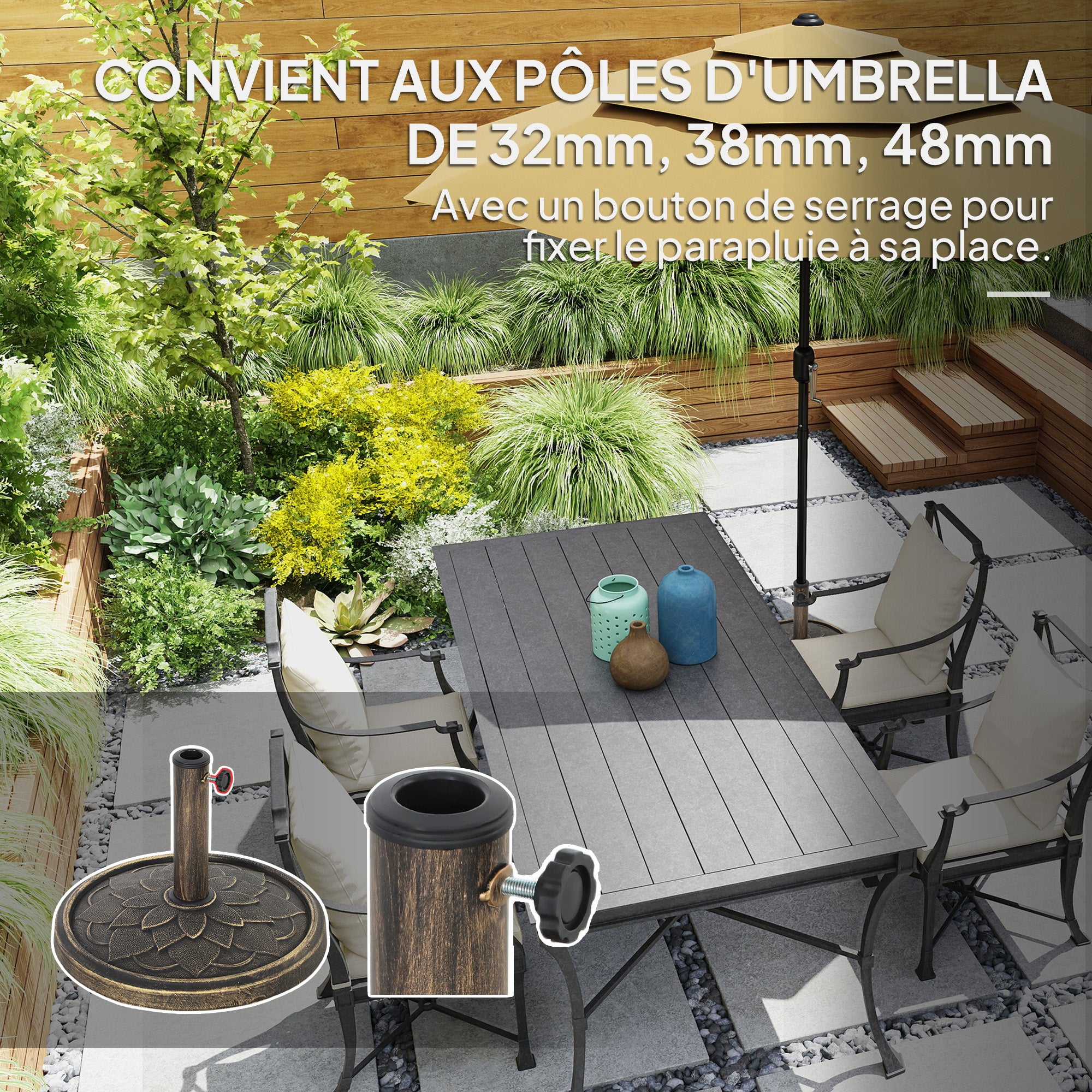 Round Umbrella Base 12 kg, Outdoor Resin Umbrella Stand, for 32,38, and 48 mm poles, umbrella base for garden patio terrace, Ø 46 x 34 cm, bronze