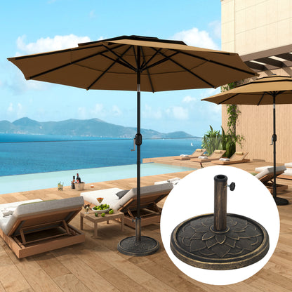 Round Umbrella Base 12 kg, Outdoor Resin Umbrella Stand, for 32,38, and 48 mm poles, umbrella base for garden patio terrace, Ø 46 x 34 cm, bronze