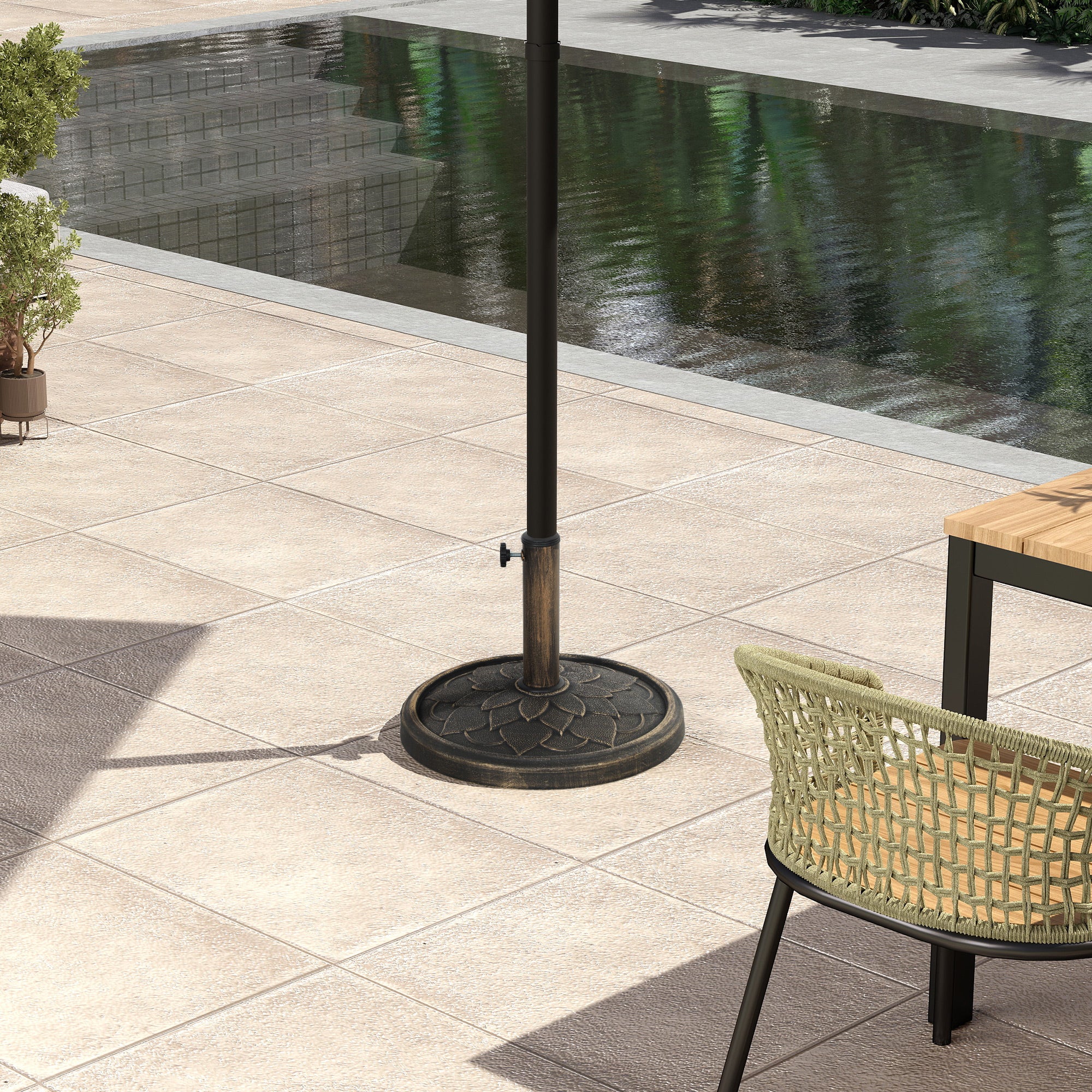 Round Umbrella Base 12 kg, Outdoor Resin Umbrella Stand, for 32,38, and 48 mm poles, umbrella base for garden patio terrace, Ø 46 x 34 cm, bronze