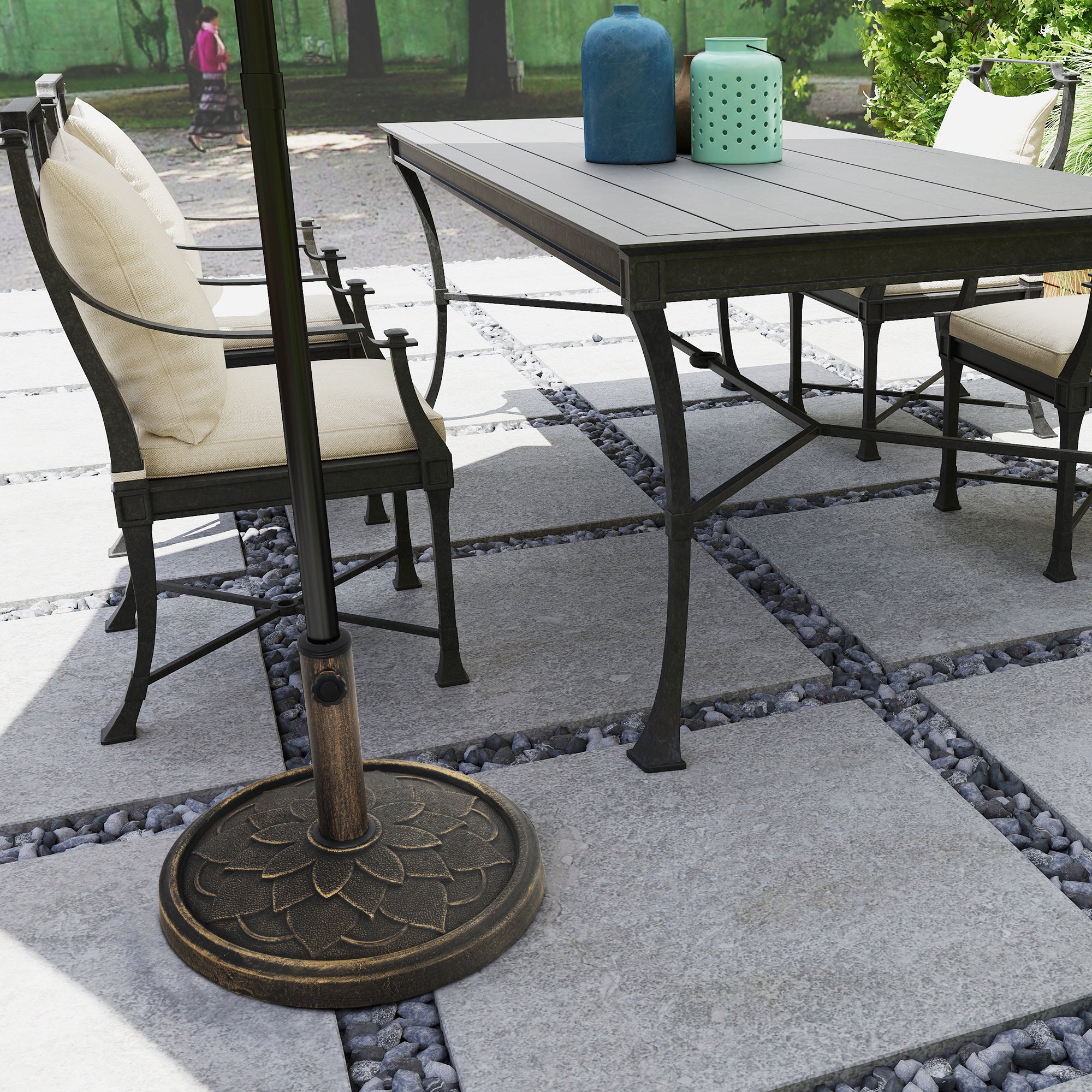 Round Umbrella Base 12 kg, Outdoor Resin Umbrella Stand, for 32,38, and 48 mm poles, umbrella base for garden patio terrace, Ø 46 x 34 cm, bronze