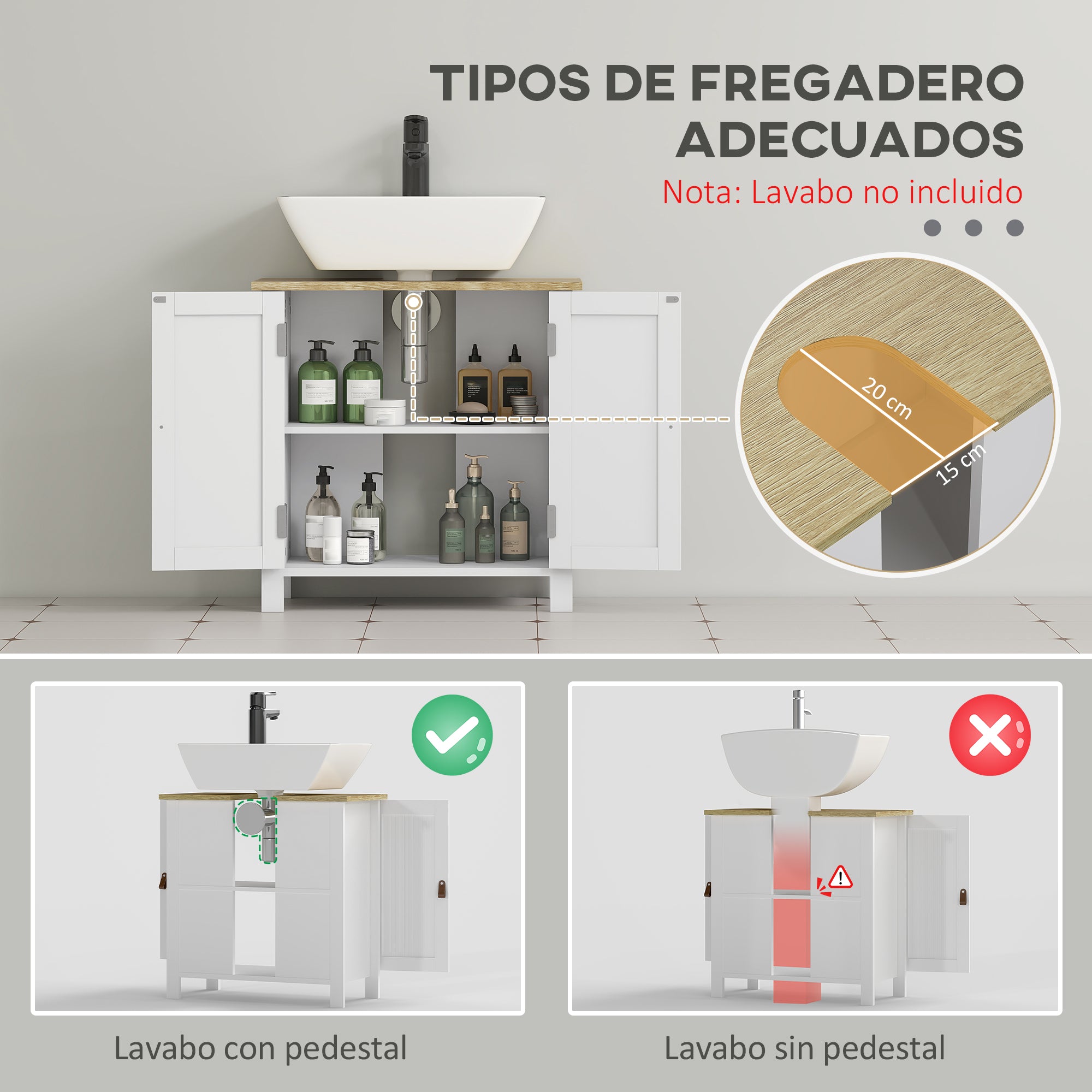 Under Sink Cabinet Bathroom Vanity with Stand Bathroom Cabinet with 2 Doors 2 Handles and Adjustable Shelf without Sink 60x30x60 cm White