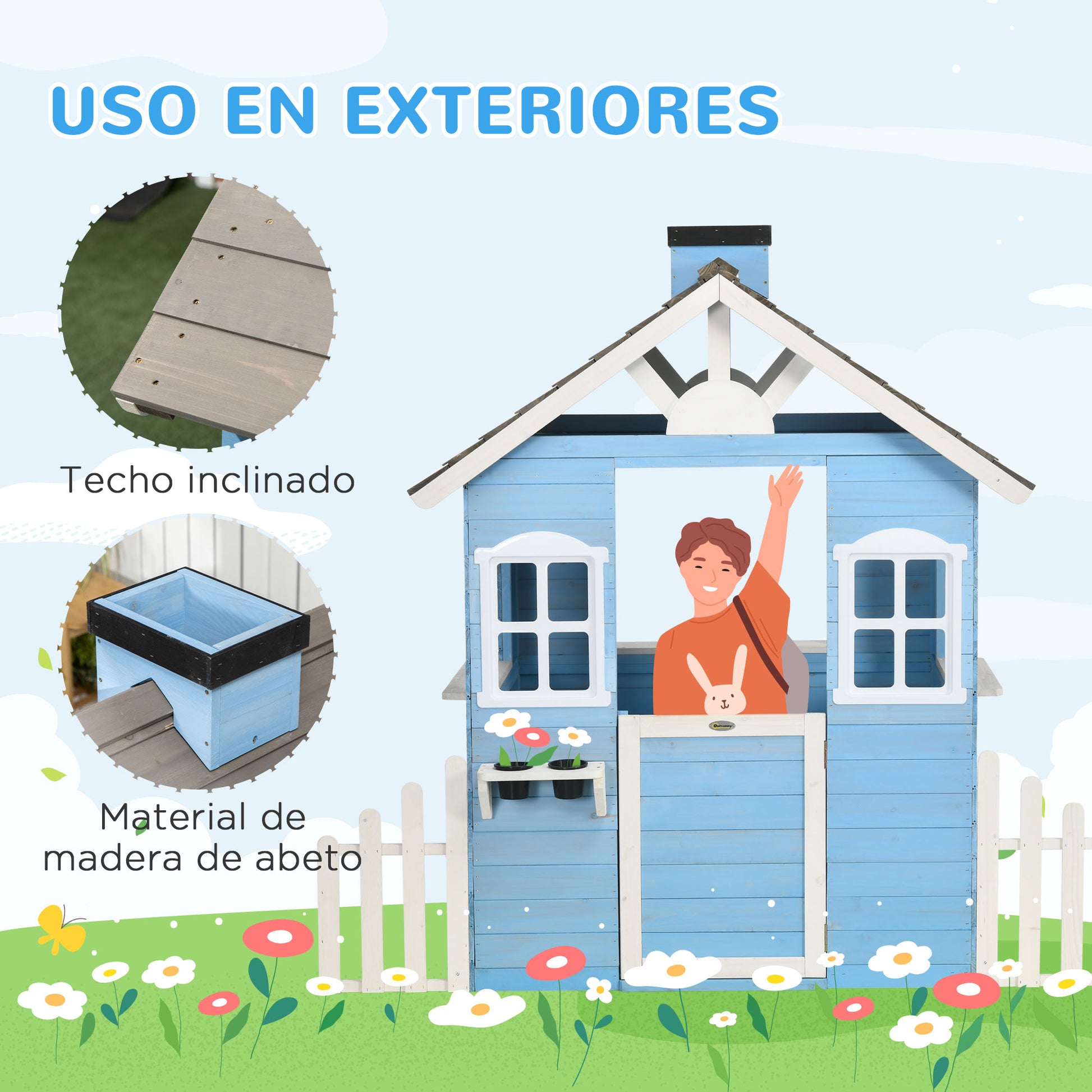 Wooden Children's Playhouse Outdoor Playhouse for Kids 3-7 Years with Door Windows Planters and Side Fences 151x112.5x142 cm Blue