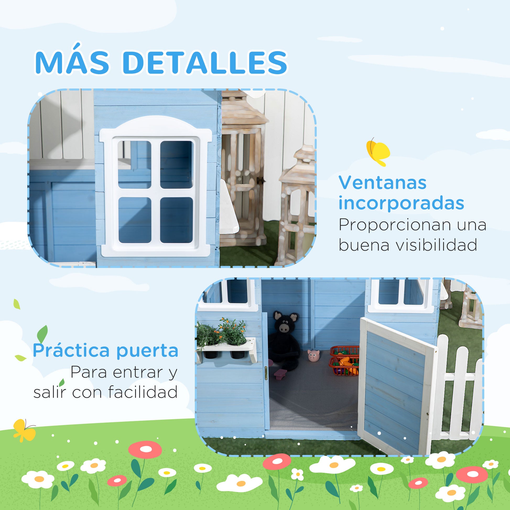 Wooden Children's Playhouse Outdoor Playhouse for Kids 3-7 Years with Door Windows Planters and Side Fences 151x112.5x142 cm Blue
