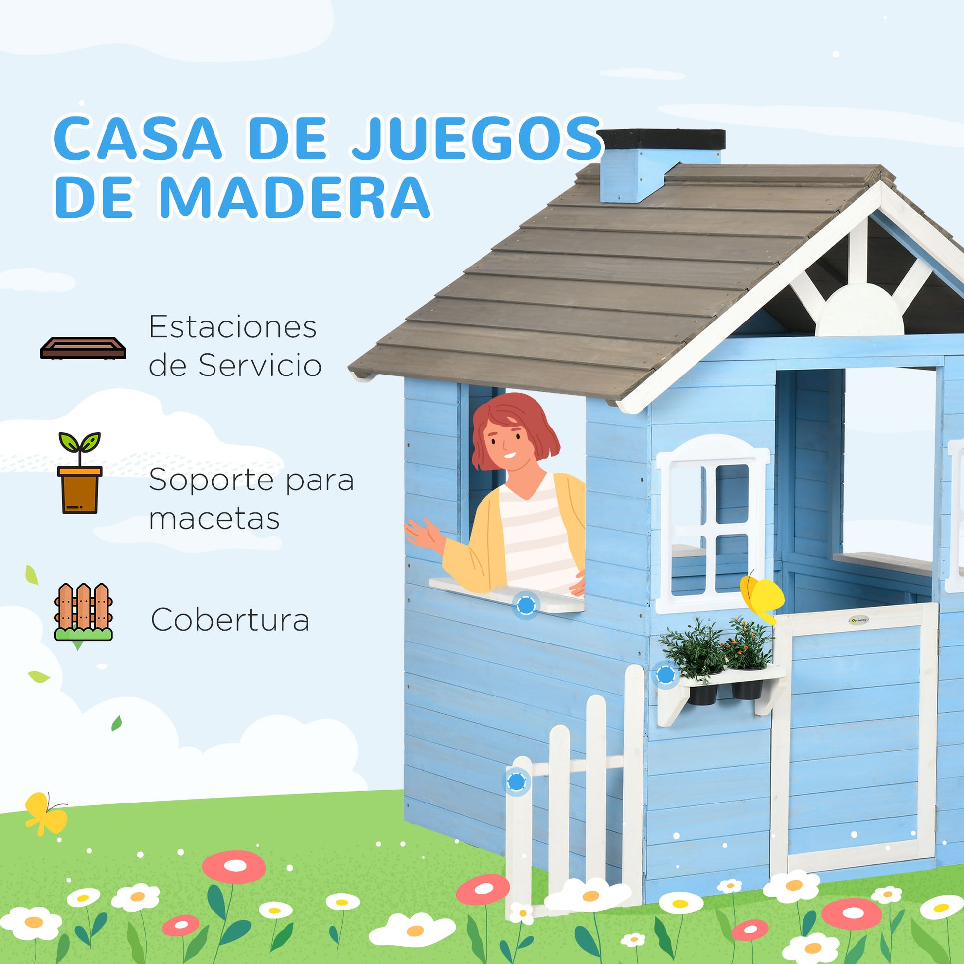 Wooden Children's Playhouse Outdoor Playhouse for Kids 3-7 Years with Door Windows Planters and Side Fences 151x112.5x142 cm Blue