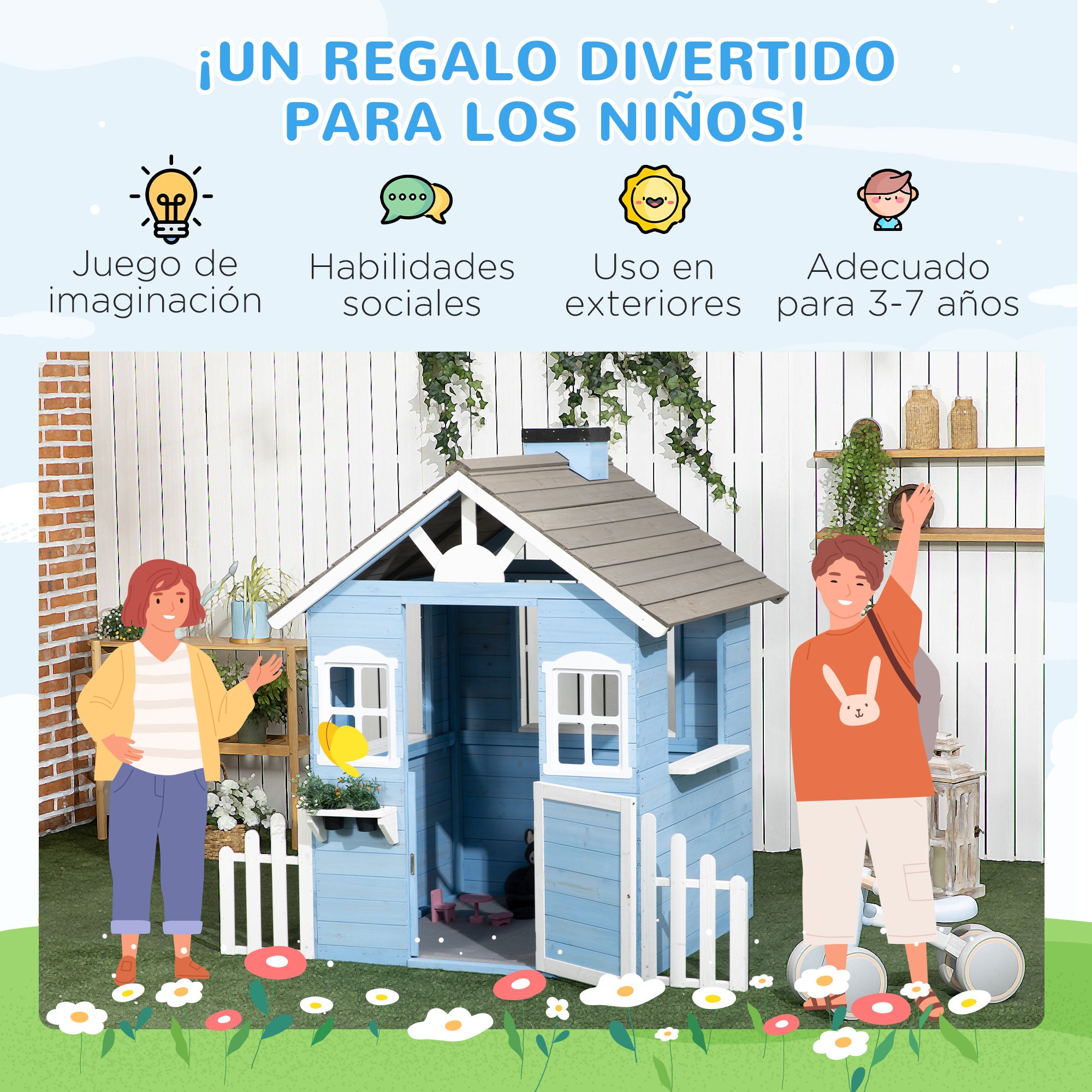 Wooden Children's Playhouse Outdoor Playhouse for Kids 3-7 Years with Door Windows Planters and Side Fences 151x112.5x142 cm Blue