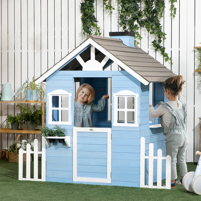 Wooden Children's Playhouse Outdoor Playhouse for Kids 3-7 Years with Door Windows Planters and Side Fences 151x112.5x142 cm Blue