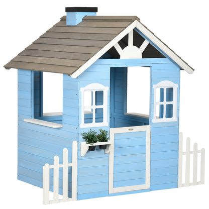Wooden Children's Playhouse Outdoor Playhouse for Kids 3-7 Years with Door Windows Planters and Side Fences 151x112.5x142 cm Blue