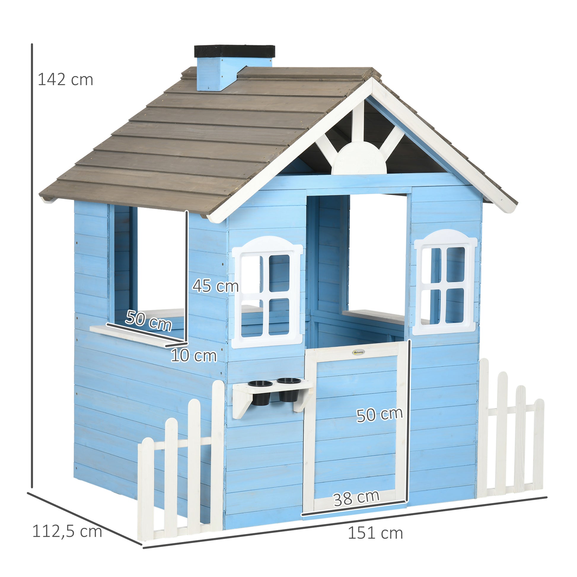 Wooden Children's Playhouse Outdoor Playhouse for Kids 3-7 Years with Door Windows Planters and Side Fences 151x112.5x142 cm Blue