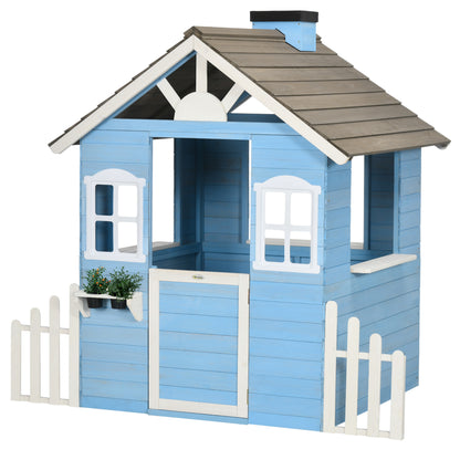 Wooden Children's Playhouse Outdoor Playhouse for Kids 3-7 Years with Door Windows Planters and Side Fences 151x112.5x142 cm Blue