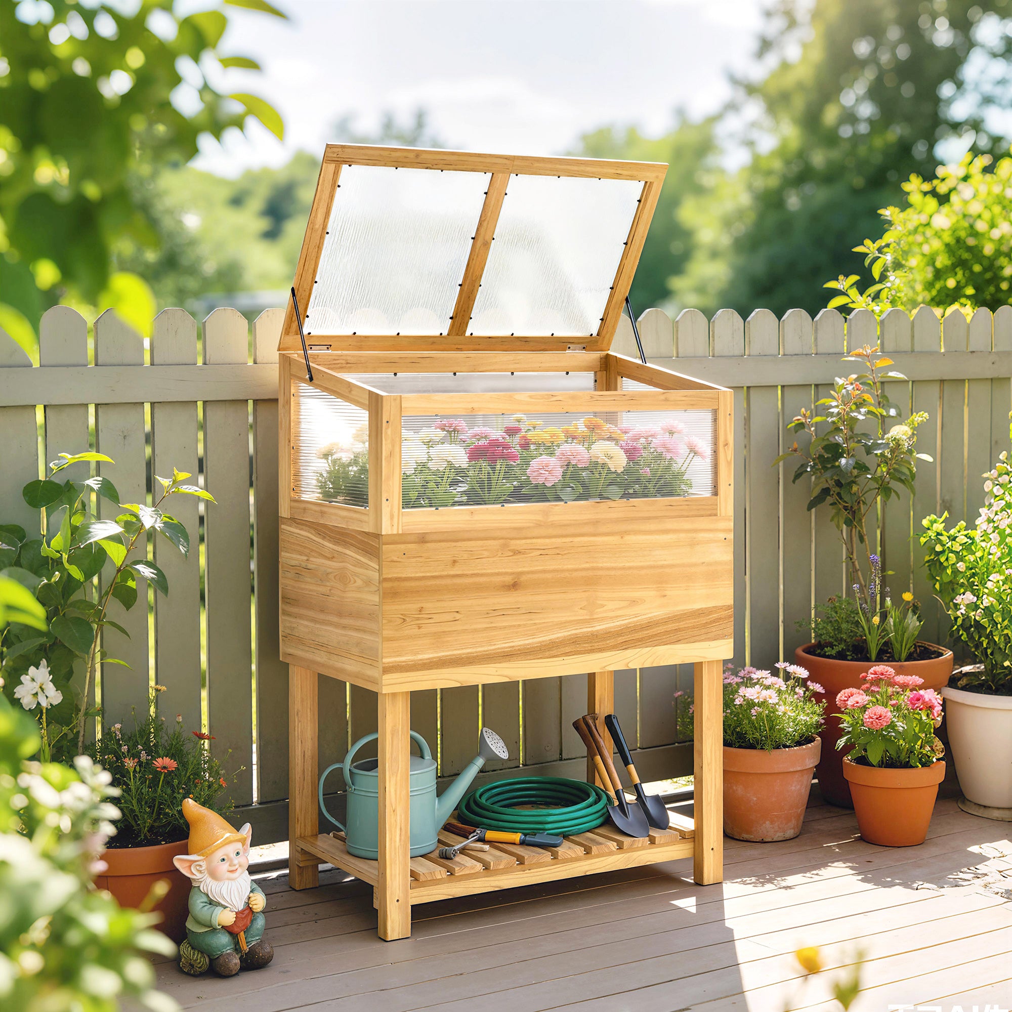 Raised Wooden Planter with Cold Frame – Elevated Garden Bed with Hinged Cover & Storage Shelf, Ergonomic Flower/Vegetable Bed for Garden & Balcony, 31.5 x 17.7 x 42.7 in (80 x 45 x 108.5 cm), Natural Wood