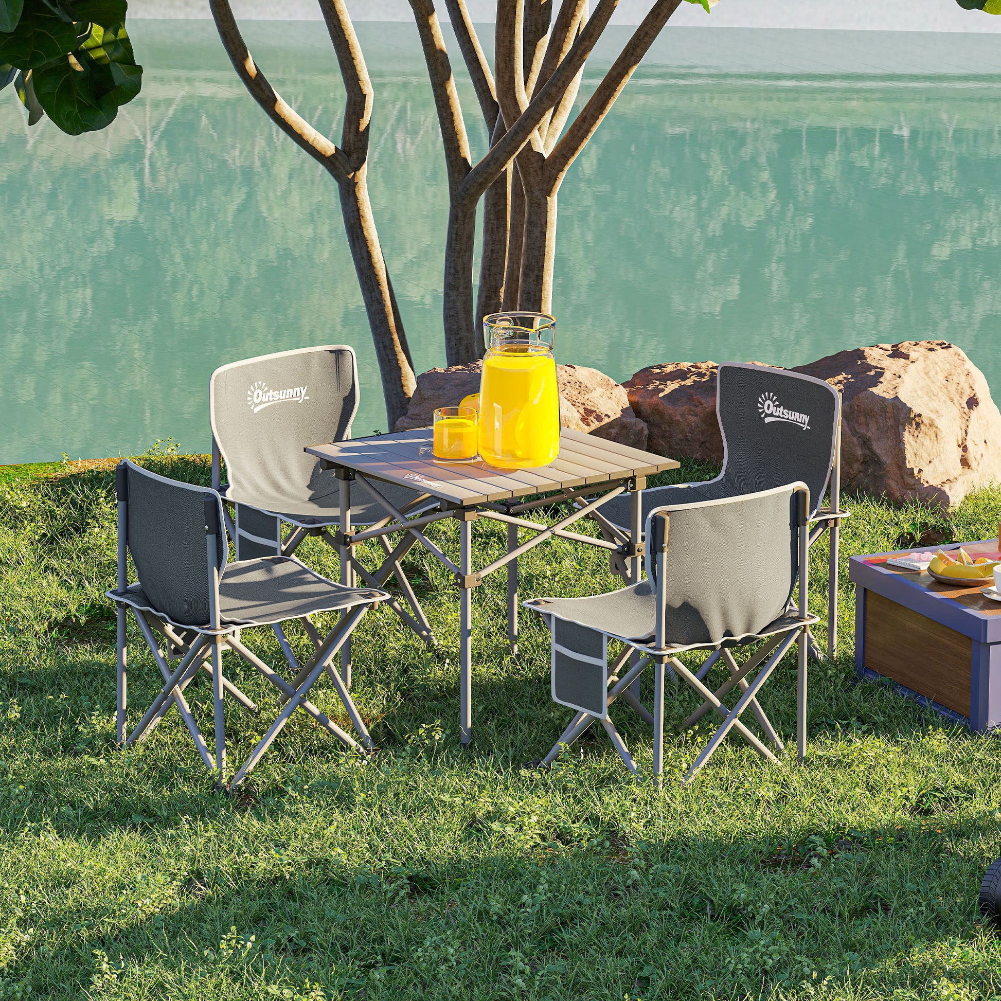 Camping Table and Chairs Set Portable Folding Table Camping with Chairs Includes 1 Table 55x51x50 cm and 4 Folding Chairs with Side Pockets and Transport Bag Dark Gray