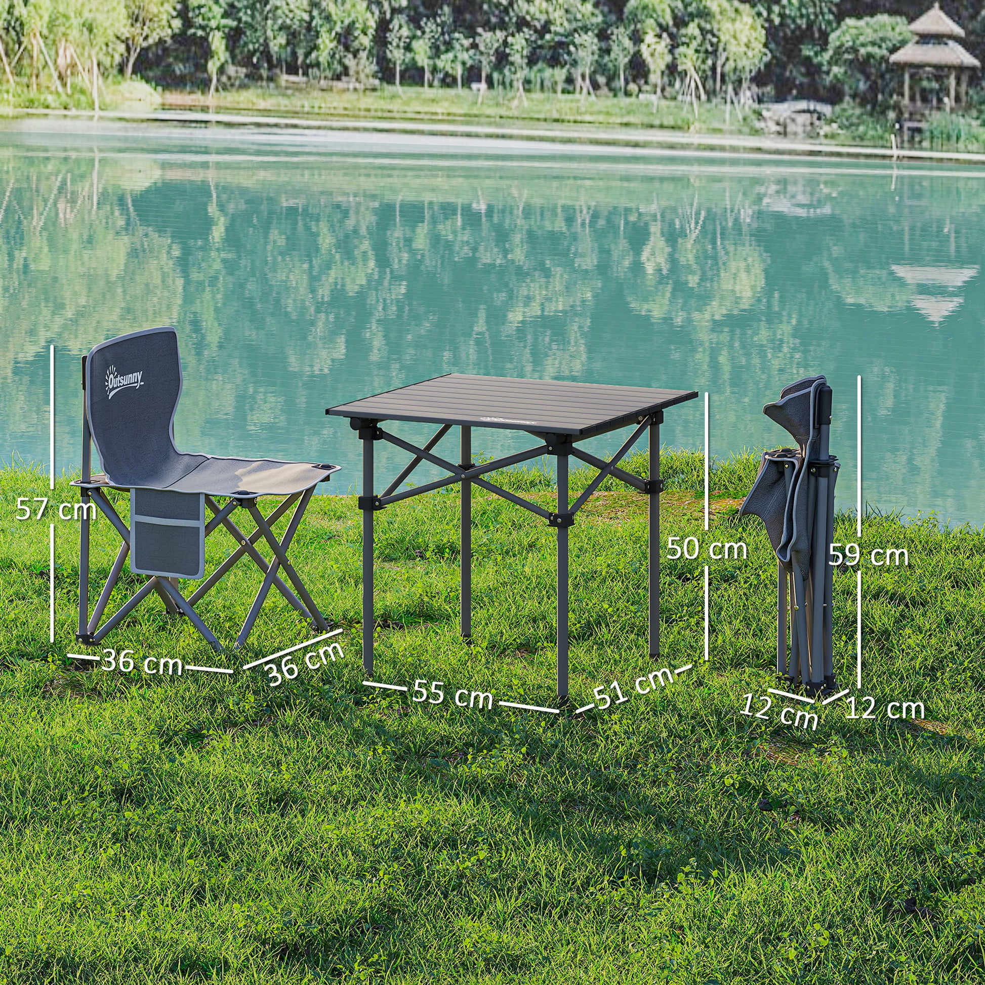 Camping Table and Chairs Set Portable Folding Table Camping with Chairs Includes 1 Table 55x51x50 cm and 4 Folding Chairs with Side Pockets and Transport Bag Dark Gray