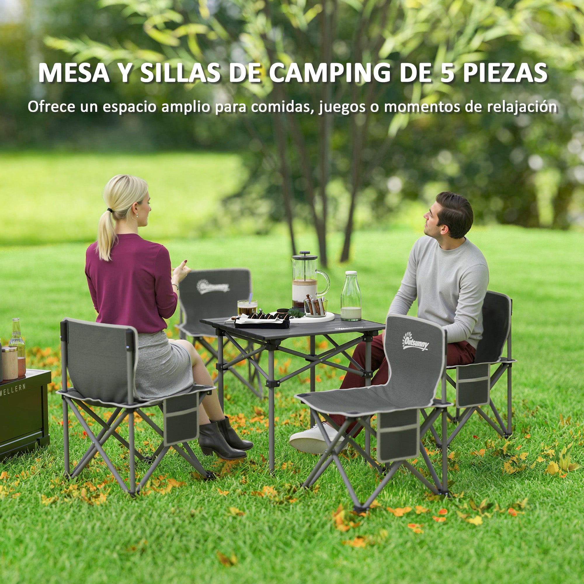 Camping Table and Chairs Set Portable Folding Table Camping with Chairs Includes 1 Table 55x51x50 cm and 4 Folding Chairs with Side Pockets and Transport Bag Dark Gray
