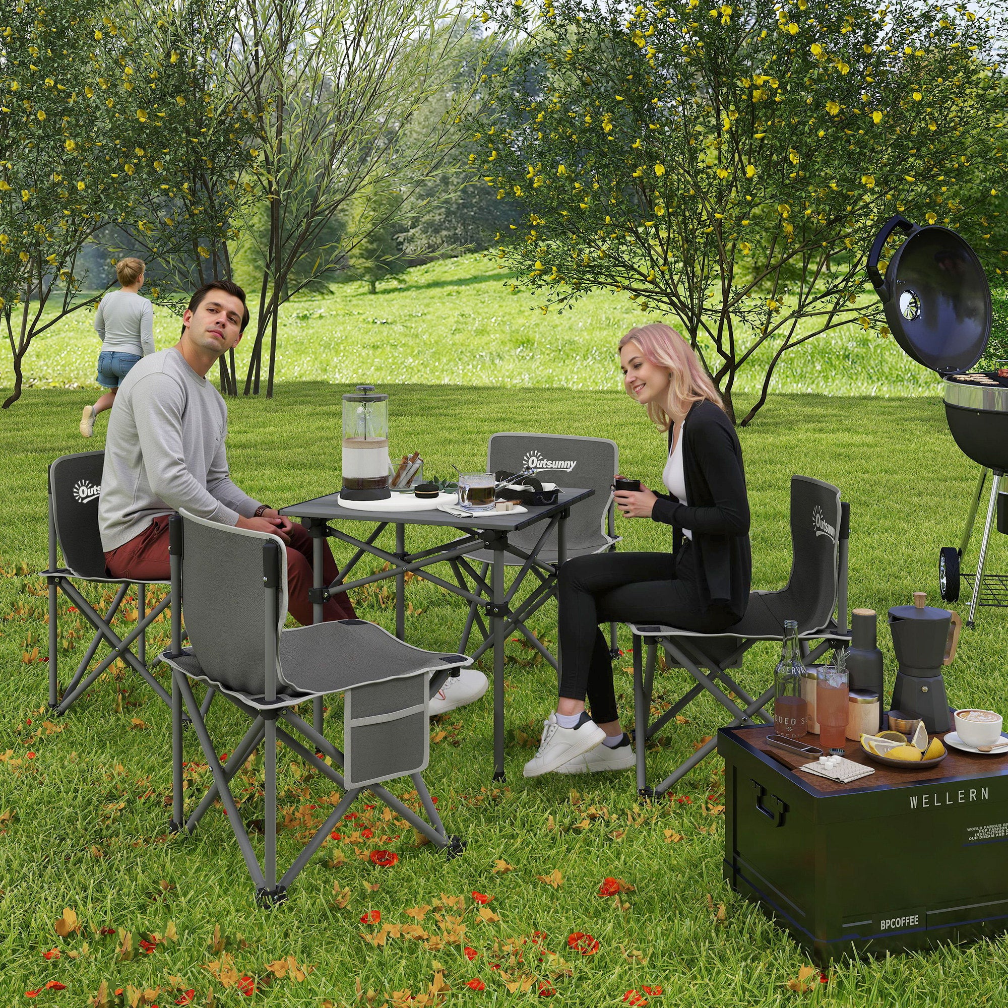 Camping Table and Chairs Set Portable Folding Table Camping with Chairs Includes 1 Table 55x51x50 cm and 4 Folding Chairs with Side Pockets and Transport Bag Dark Gray