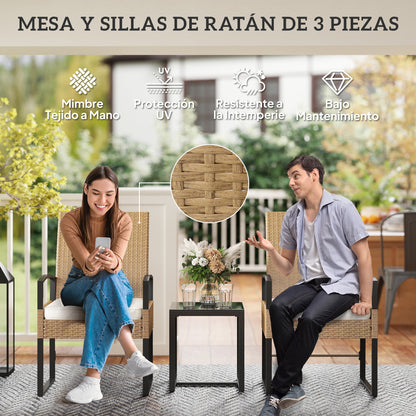 3-Piece Outdoor Garden Set with Adjustable Backrest, Set of 2 Chairs and Rattan Table with Padded Cushions and Tempered Glass Top for Balcony Terrace Beige and White