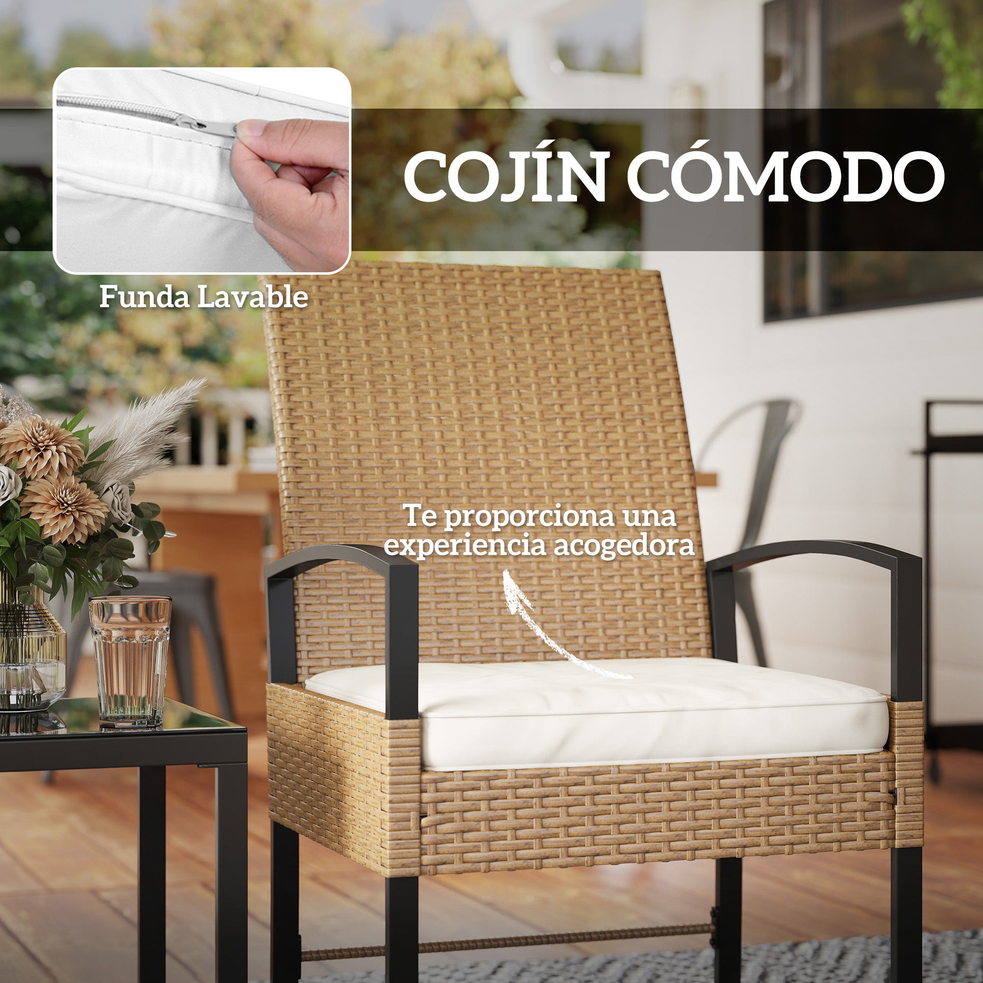 3-Piece Outdoor Garden Set with Adjustable Backrest, Set of 2 Chairs and Rattan Table with Padded Cushions and Tempered Glass Top for Balcony Terrace Beige and White