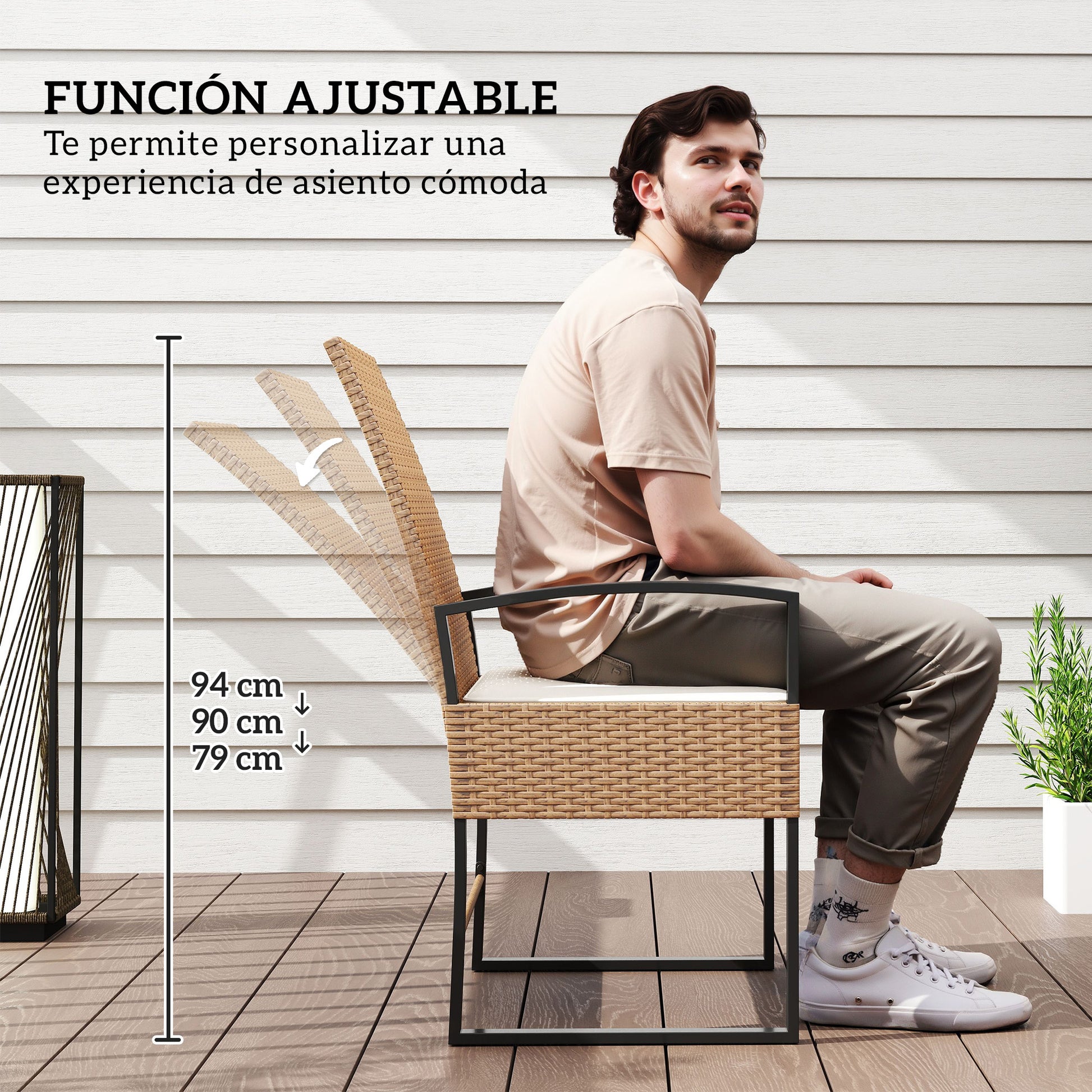 3-Piece Outdoor Garden Set with Adjustable Backrest, Set of 2 Chairs and Rattan Table with Padded Cushions and Tempered Glass Top for Balcony Terrace Beige and White