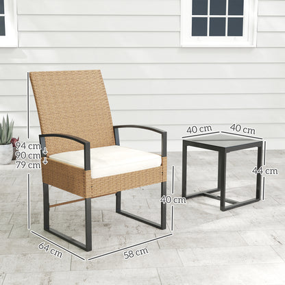 3-Piece Outdoor Garden Set with Adjustable Backrest, Set of 2 Chairs and Rattan Table with Padded Cushions and Tempered Glass Top for Balcony Terrace Beige and White