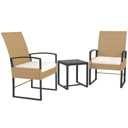 3-Piece Outdoor Garden Set with Adjustable Backrest, Set of 2 Chairs and Rattan Table with Padded Cushions and Tempered Glass Top for Balcony Terrace Beige and White