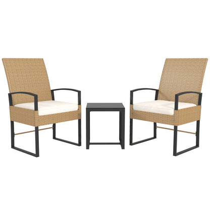 3-Piece Outdoor Garden Set with Adjustable Backrest, Set of 2 Chairs and Rattan Table with Padded Cushions and Tempered Glass Top for Balcony Terrace Beige and White